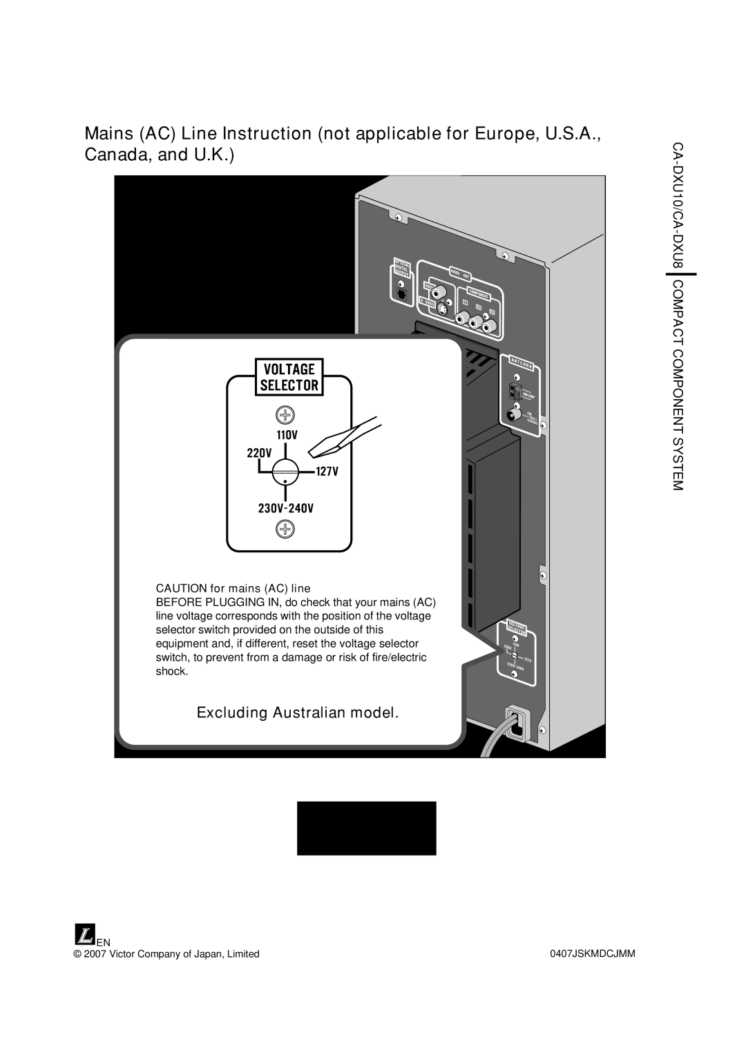 JVC CA-DXU10, CA-DXU8 manual Excluding Australian model 