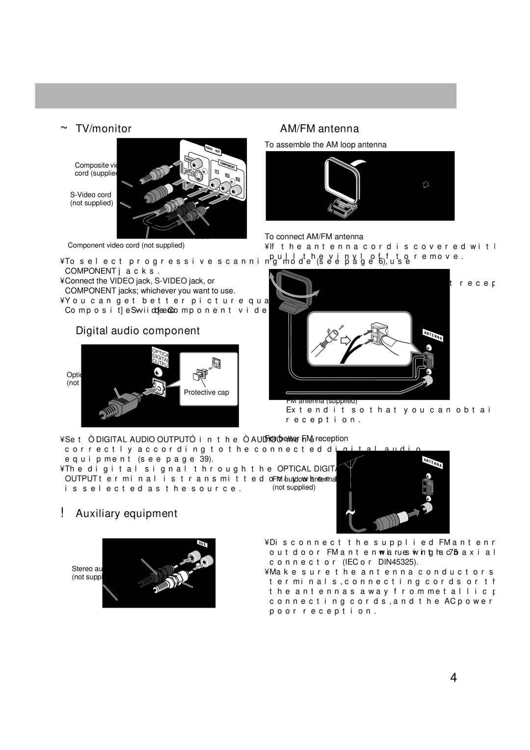 JVC CA-DXU8, CA-DXU10 manual ~ TV/monitor, Digital audio component, Auxiliary equipment, ⁄ AM/FM antenna 