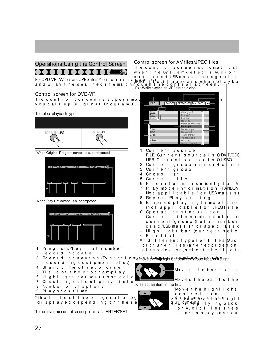 JVC CA-DXU10, CA-DXU8 manual Operations Using the Control Screen 