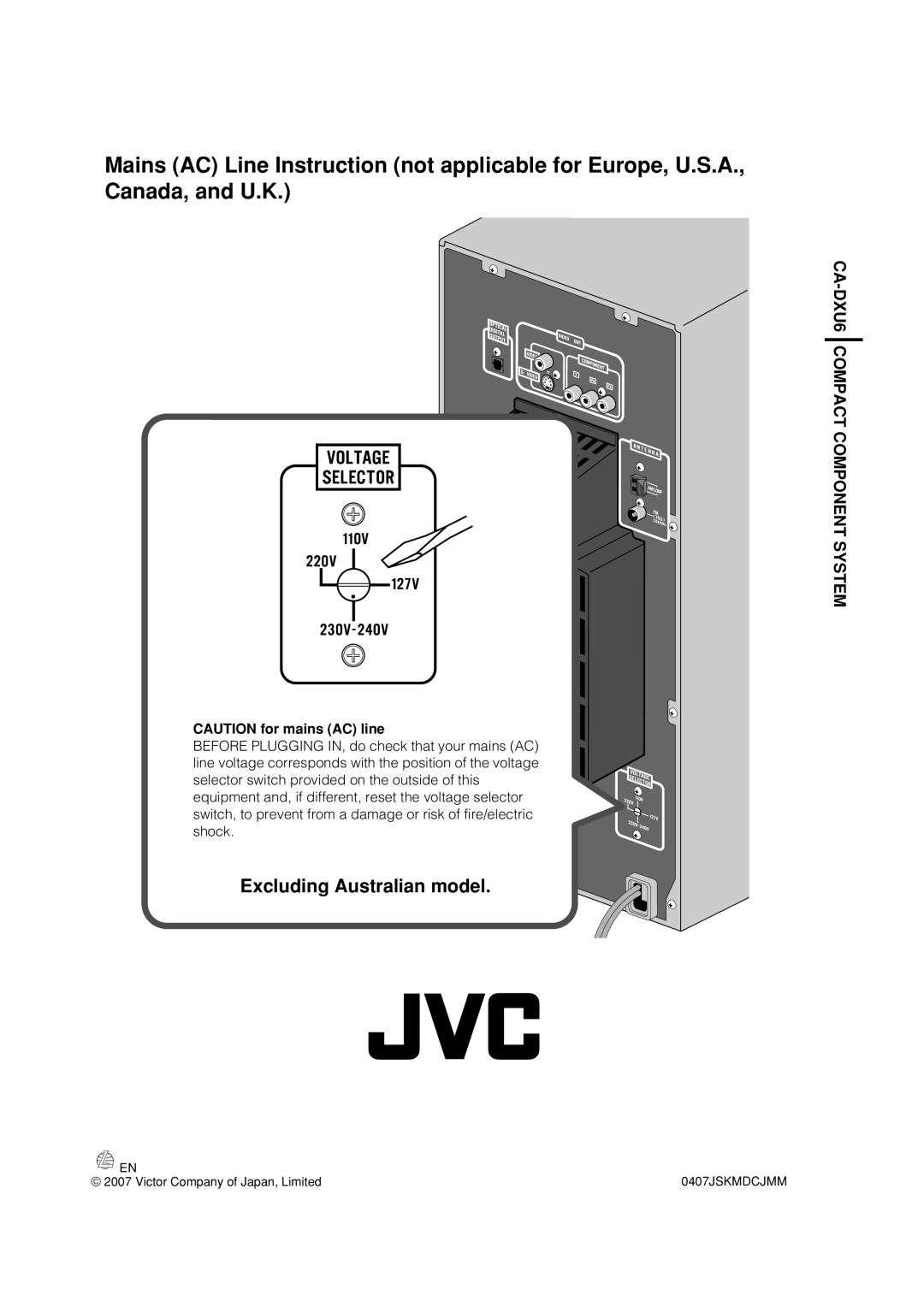 JVC CA-DXU10, CA-DXU8 manual CA-DXU6 COMPACT COMPONENT SYSTEM, Excluding Australian model 