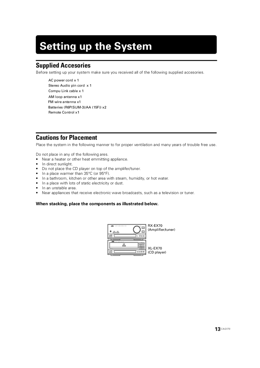 JVC CA-EX70 manual Setting up the System, Supplied Accesories, When stacking, place the components as illustrated below 