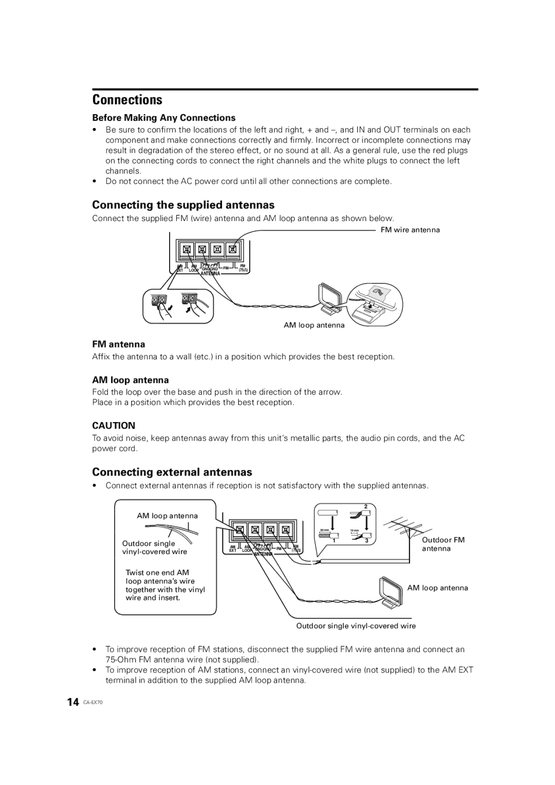 JVC CA-EX70 manual Connections, Connecting the supplied antennas, Connecting external antennas 