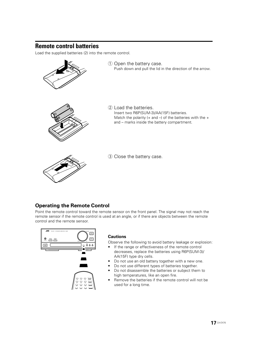 JVC CA-EX70 manual Remote control batteries, Operating the Remote Control, Open the battery case, Load the batteries 