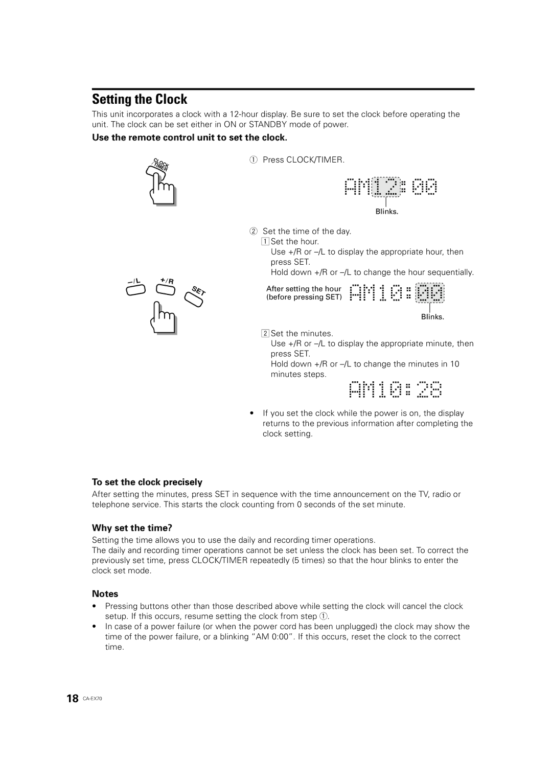 JVC CA-EX70 Setting the Clock, Use the remote control unit to set the clock, To set the clock precisely, Why set the time? 