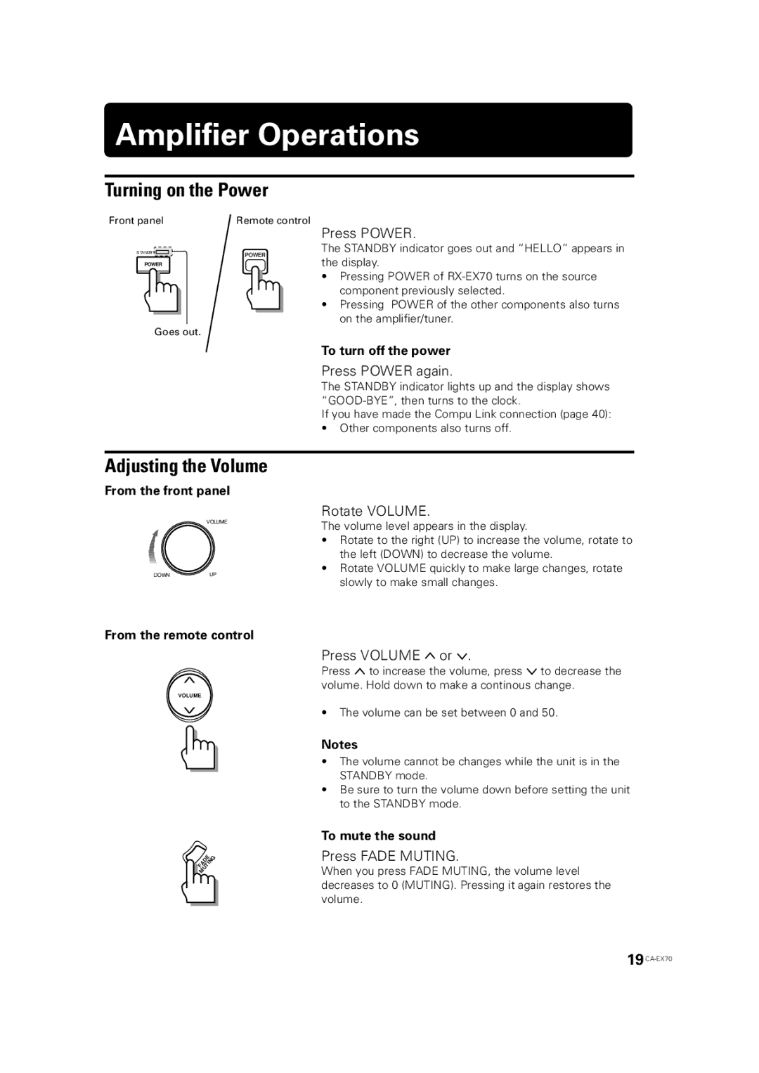 JVC CA-EX70 manual Amplifier Operations, Turning on the Power, Adjusting the Volume 