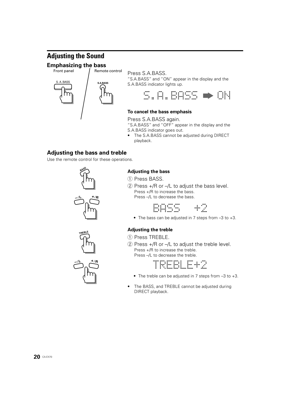 JVC CA-EX70 manual Adjusting the Sound, Emphasizing the bass, Adjusting the bass and treble 