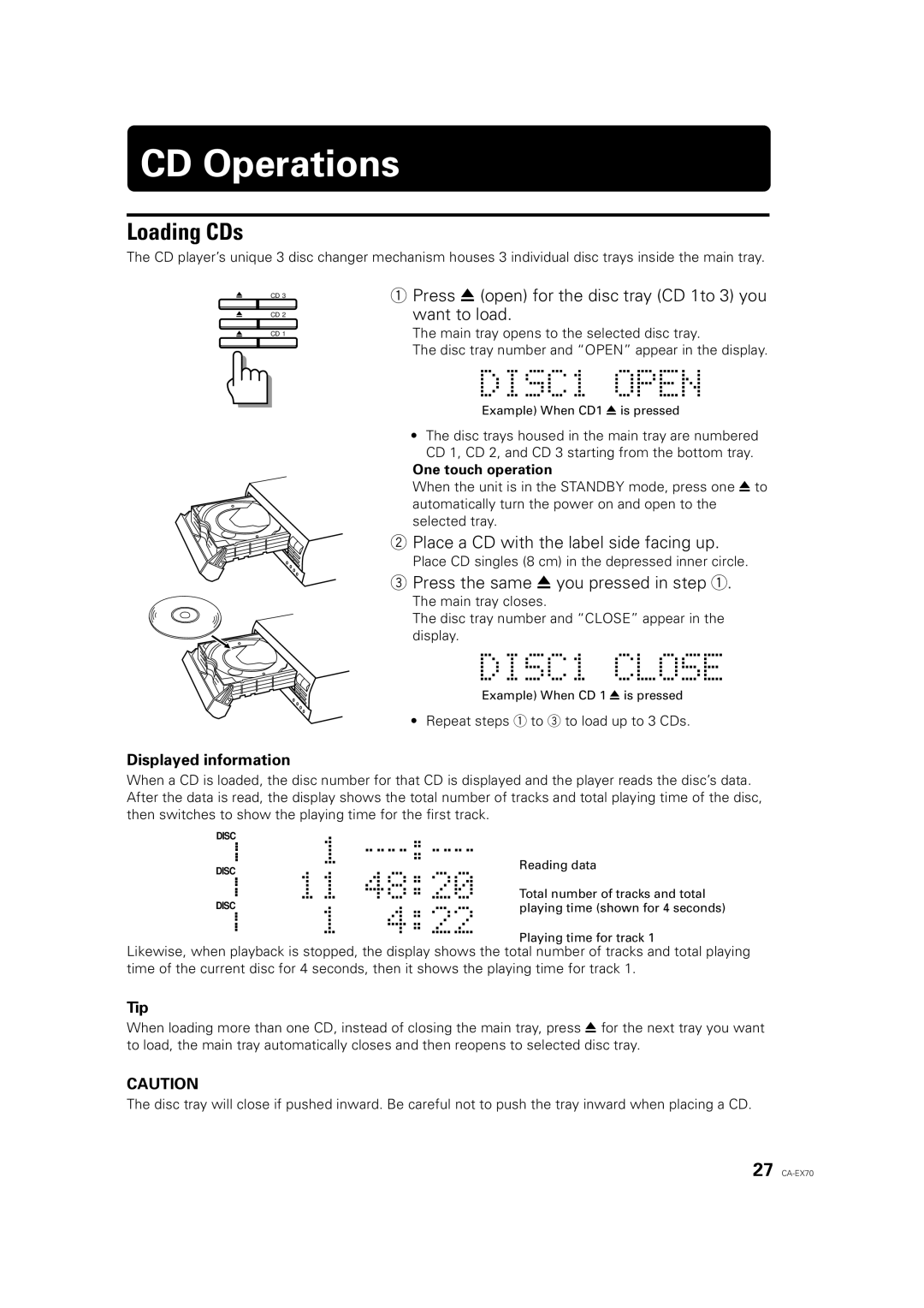 JVC CA-EX70 manual CD Operations, Loading CDs, Press 0 open for the disc tray CD 1to 3 you Want to load 