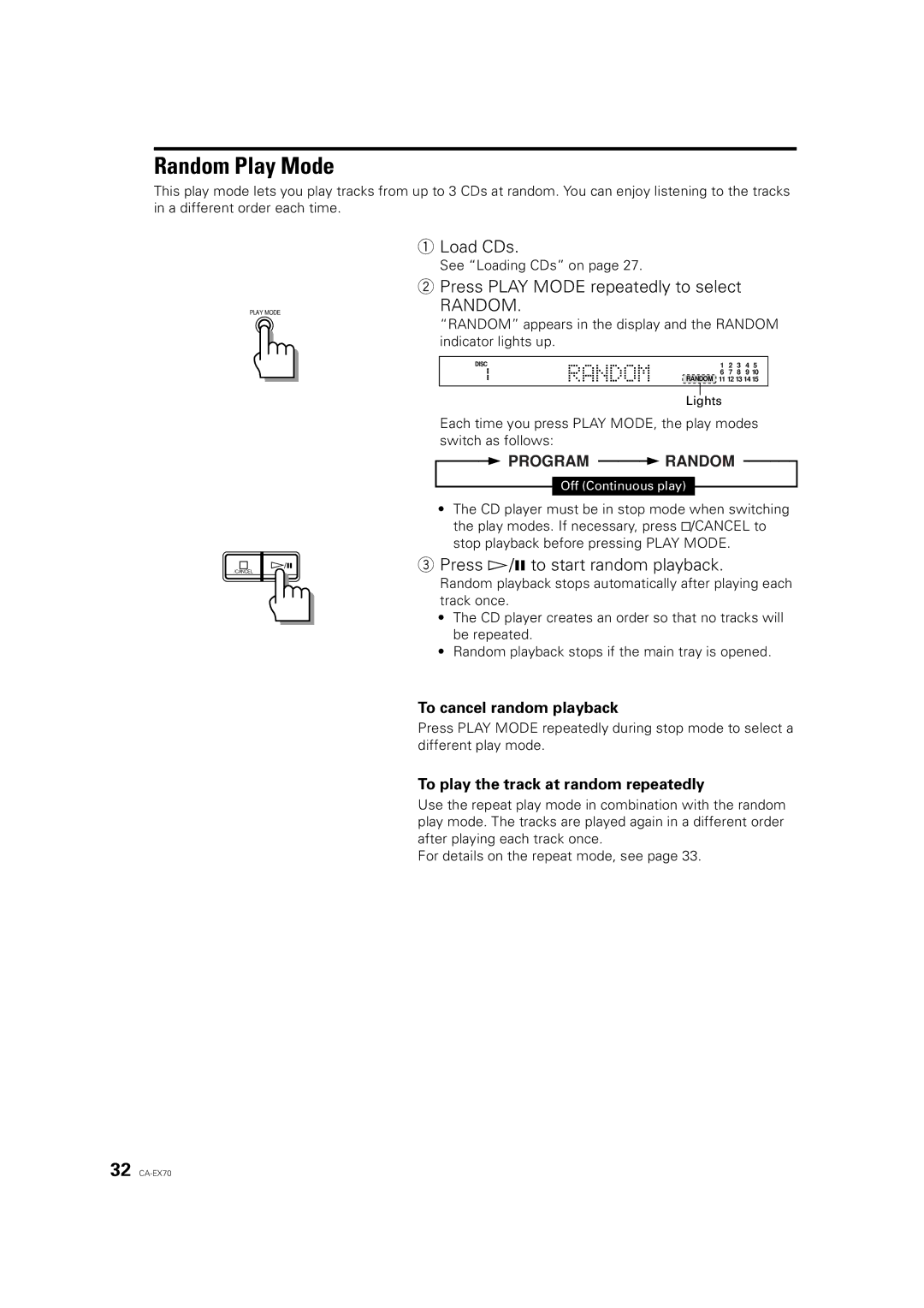 JVC CA-EX70 manual Random Play Mode, Press Ü/8 to start random playback, To cancel random playback 