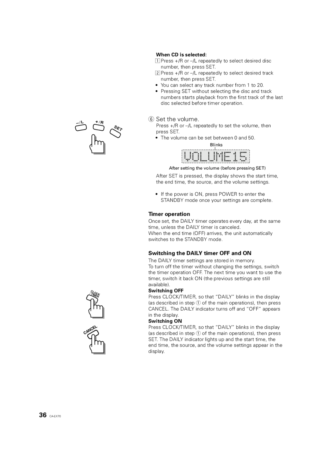 JVC CA-EX70 manual Set the volume, Timer operation, Switching the Daily timer OFF and on 