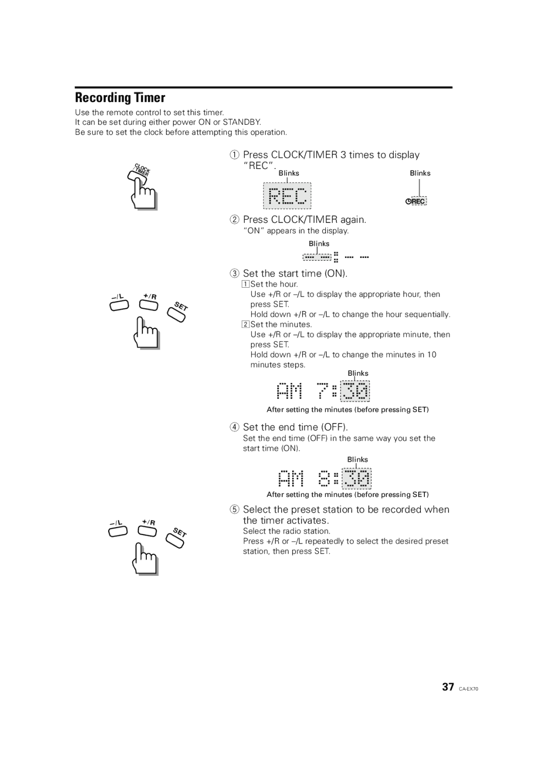 JVC CA-EX70 manual Recording Timer, Press CLOCK/TIMER 3 times to display REC 