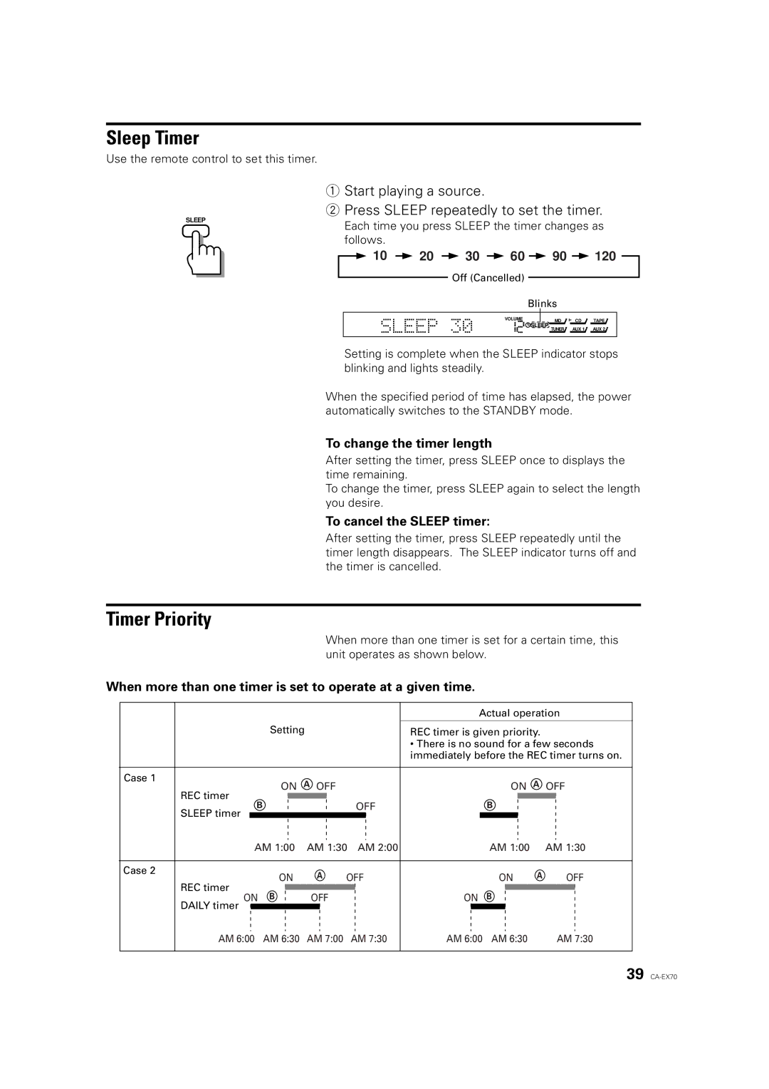 JVC CA-EX70 manual Sleep Timer, Timer Priority, To change the timer length, To cancel the Sleep timer 