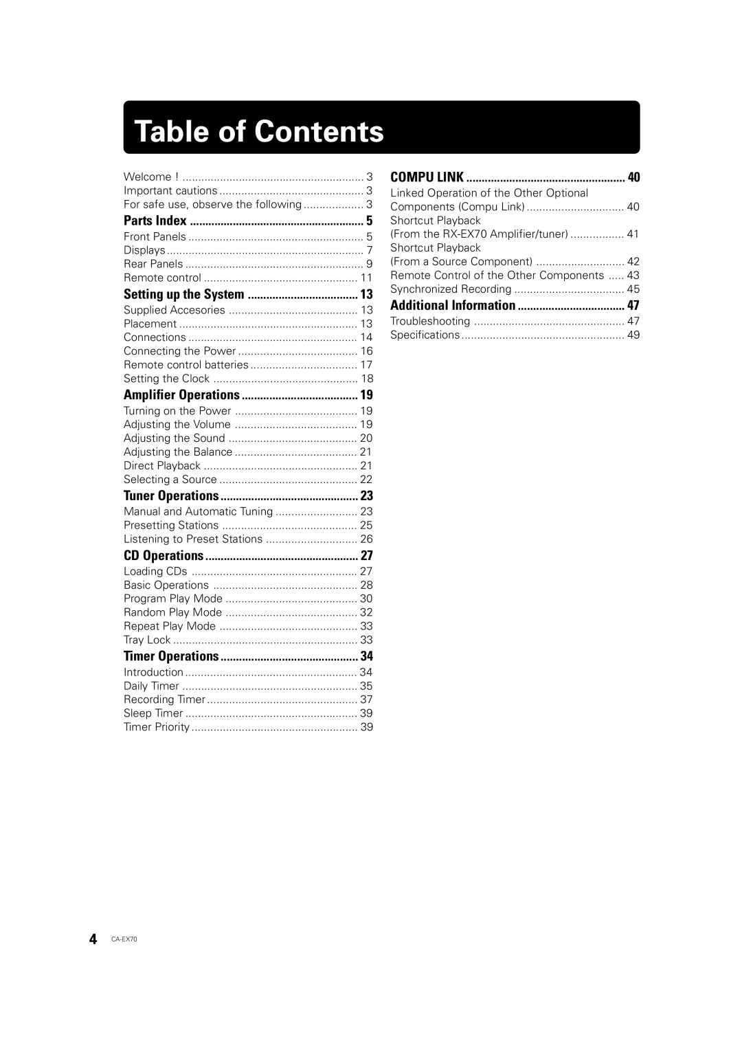 JVC CA-EX70 manual Table of Contents 