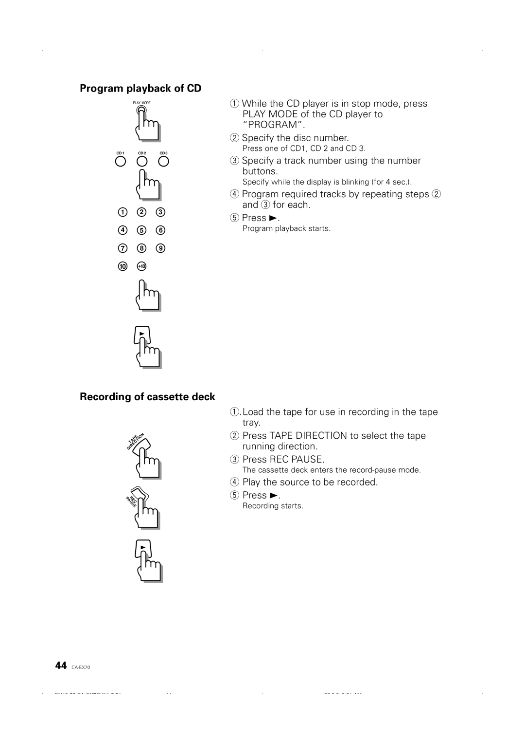 JVC CA-EX70 manual Program playback of CD, Recording of cassette deck, Specify a track number using the number Buttons 