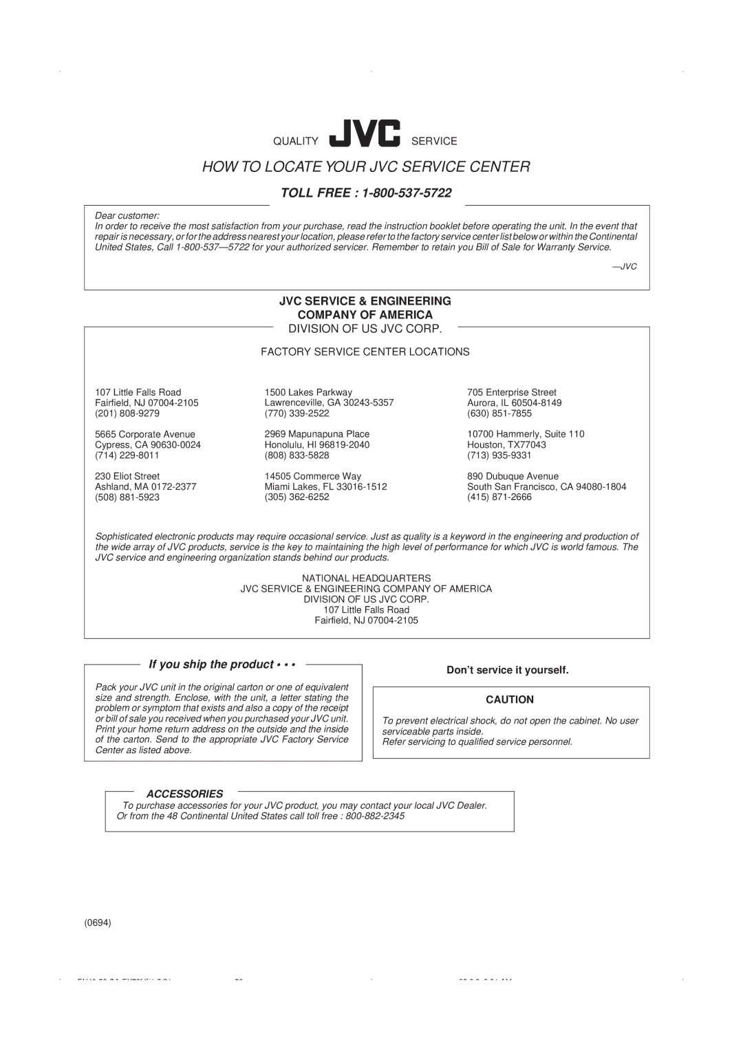 JVC CA-EX70 manual HOW to Locate Your JVC Service Center 