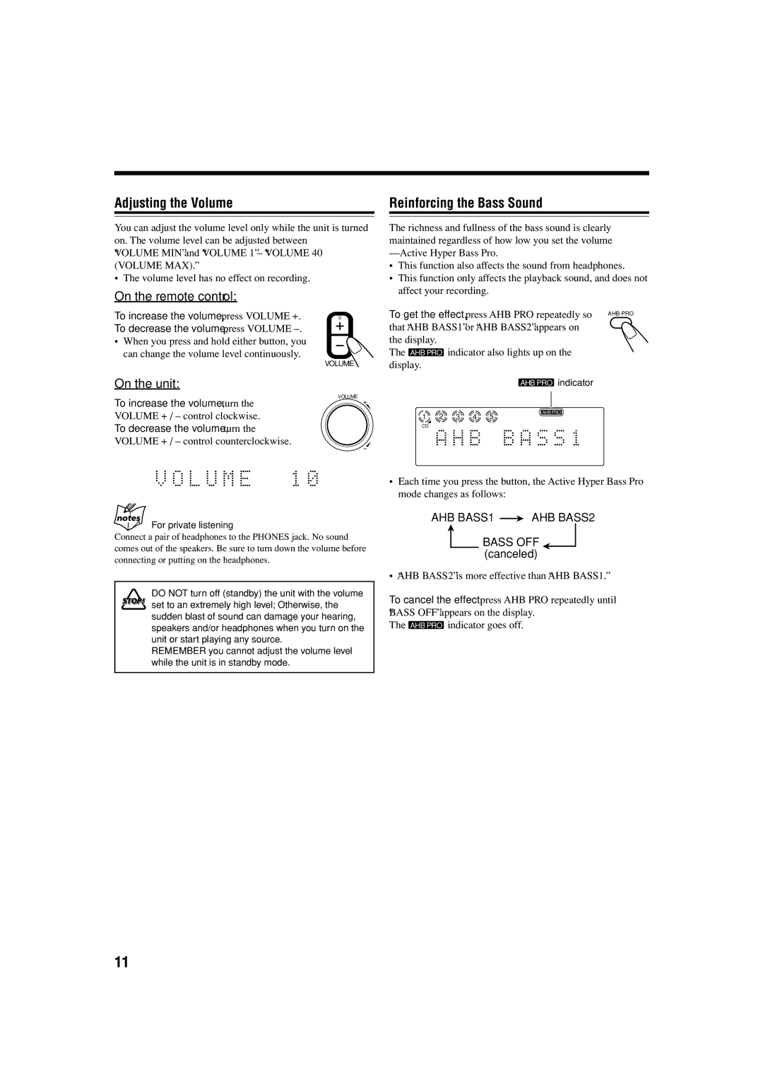 JVC CA-FSB70 Adjusting the Volume, Reinforcing the Bass Sound, On the remote control, On the unit, For private listening 