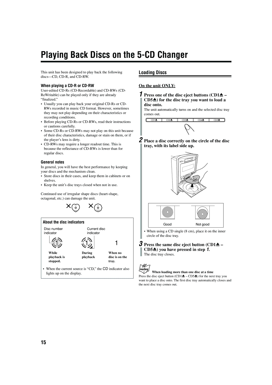 JVC CA-FSB70 manual Playing Back Discs on the 5-CD Changer, Loading Discs, When playing a CD-R or CD-RW, General notes 