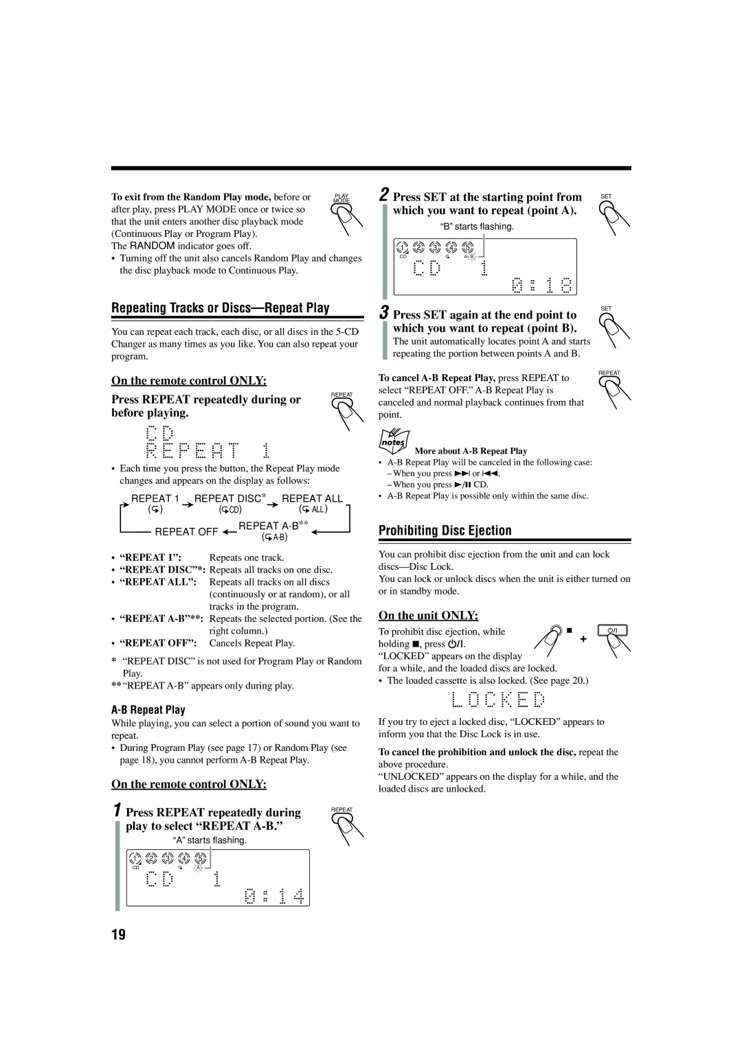 JVC CA-FSB70 manual Repeating Tracks or Discs-Repeat Play, Prohibiting Disc Ejection 