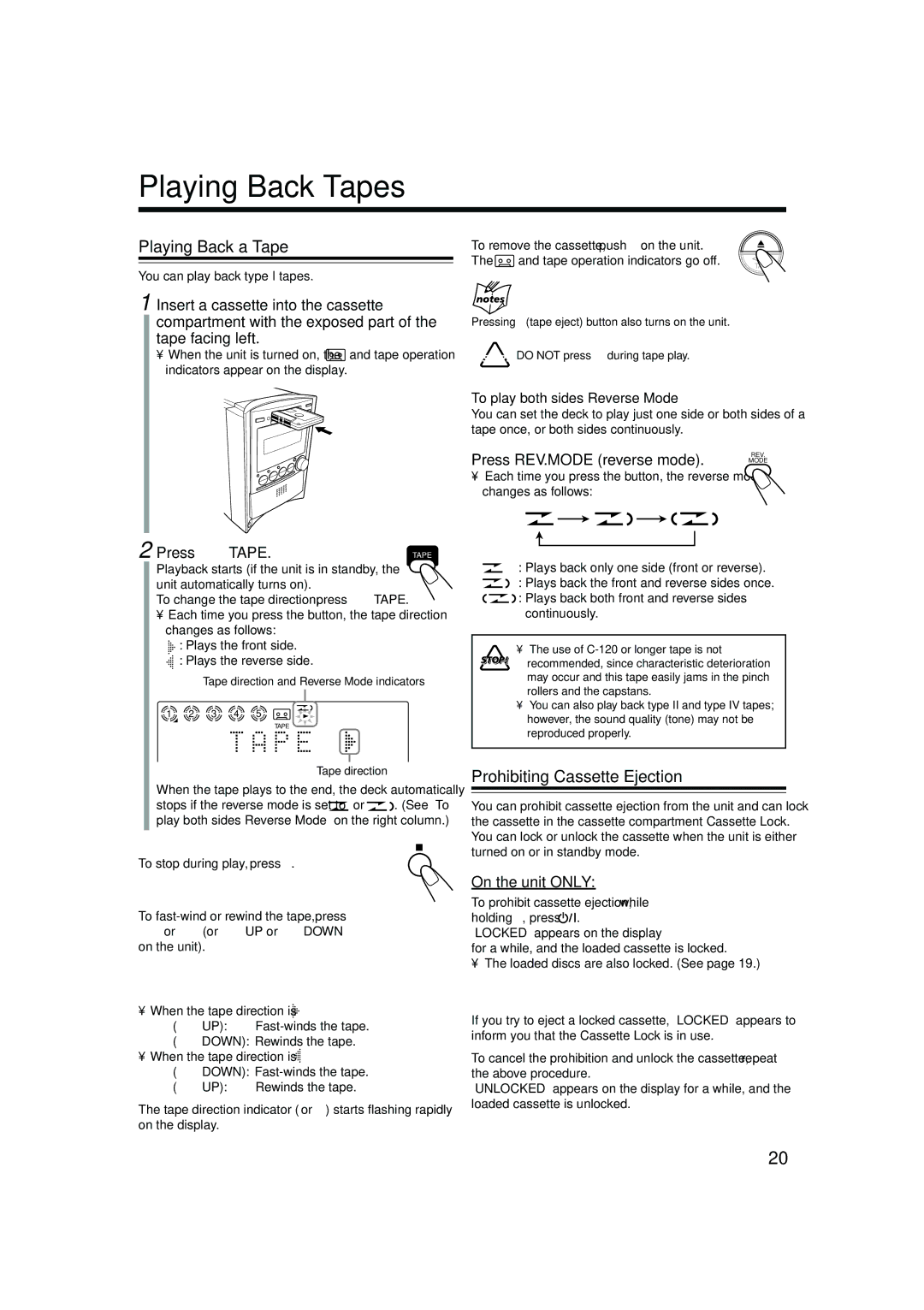 JVC CA-FSB70 manual Playing Back Tapes, Playing Back a Tape, Prohibiting Cassette Ejection, Press 2 3 Tape 