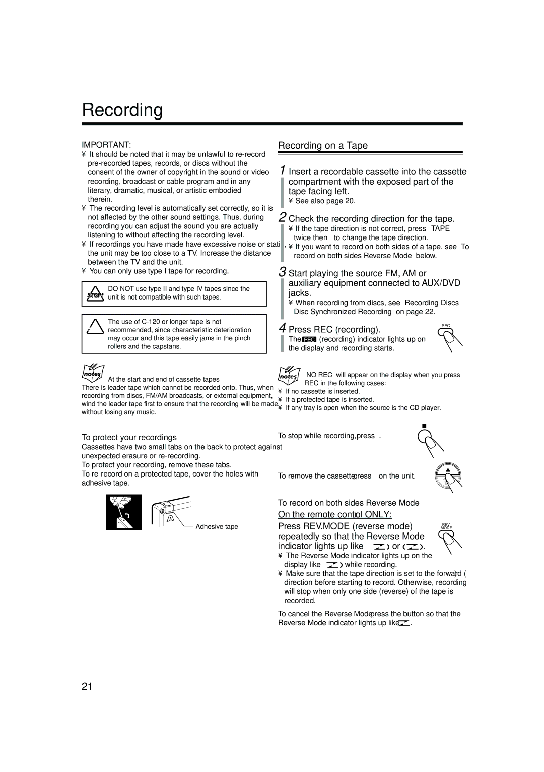 JVC CA-FSB70 manual Recording on a Tape, Check the recording direction for the tape, Press REC recording 