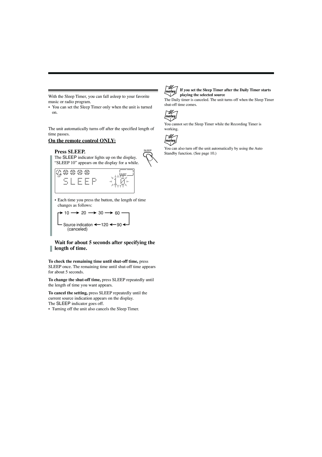 JVC CA-FSB70 manual Using the Sleep Timer, On the remote control only Press Sleep, How the Sleep Timer actually works 