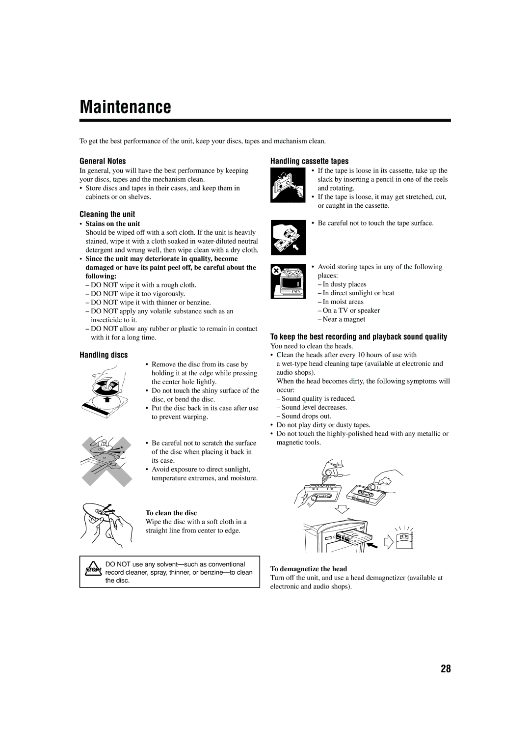 JVC CA-FSB70 manual Maintenance, Cleaning the unit, Handling discs, To keep the best recording and playback sound quality 