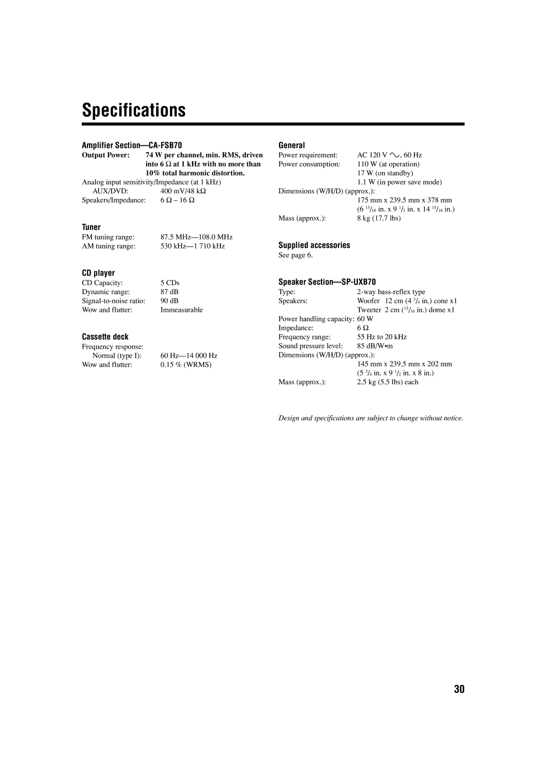 JVC CA-FSB70 manual Specifications 