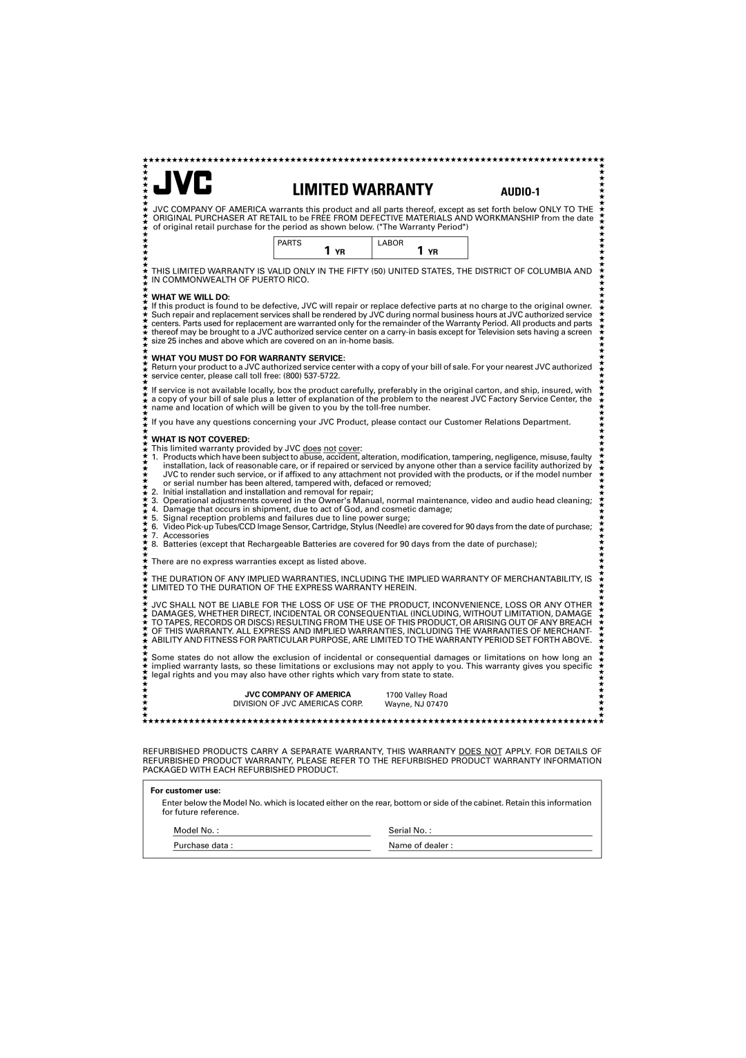 JVC CA-FSB70 manual Limited Warranty 