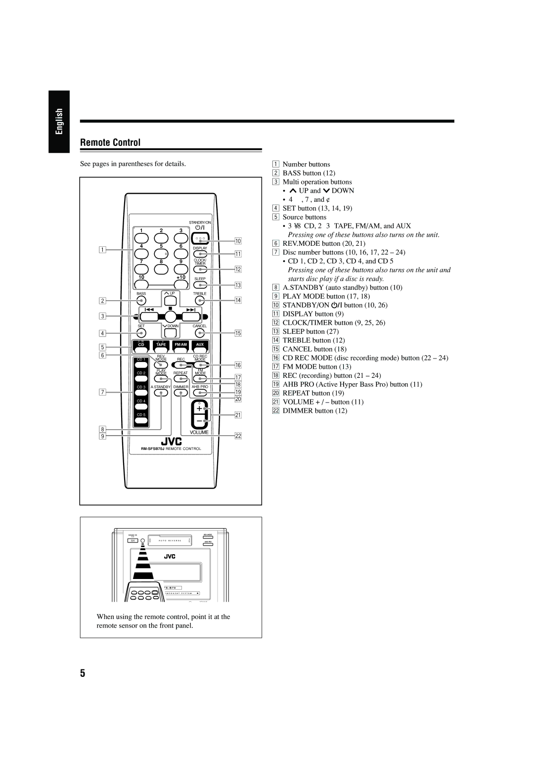 JVC CA-FSB70 manual Remote Control 