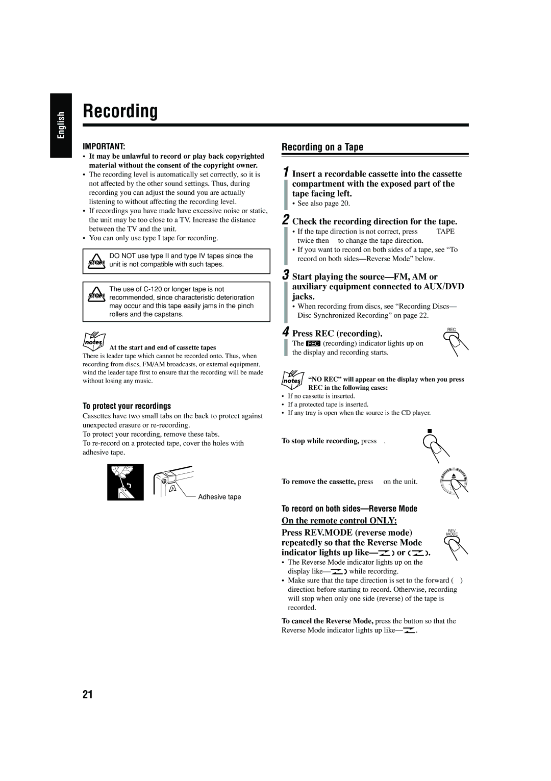 JVC CA-FSB70 manual On the remote control only Press REV.MODE reverse mode 