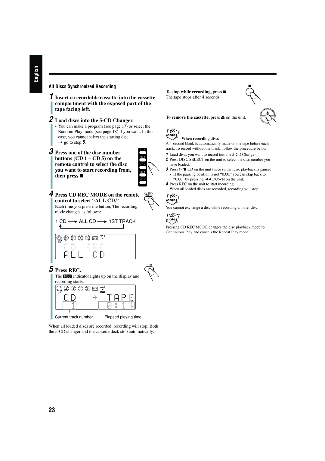 JVC CA-FSB70 manual Press REC 