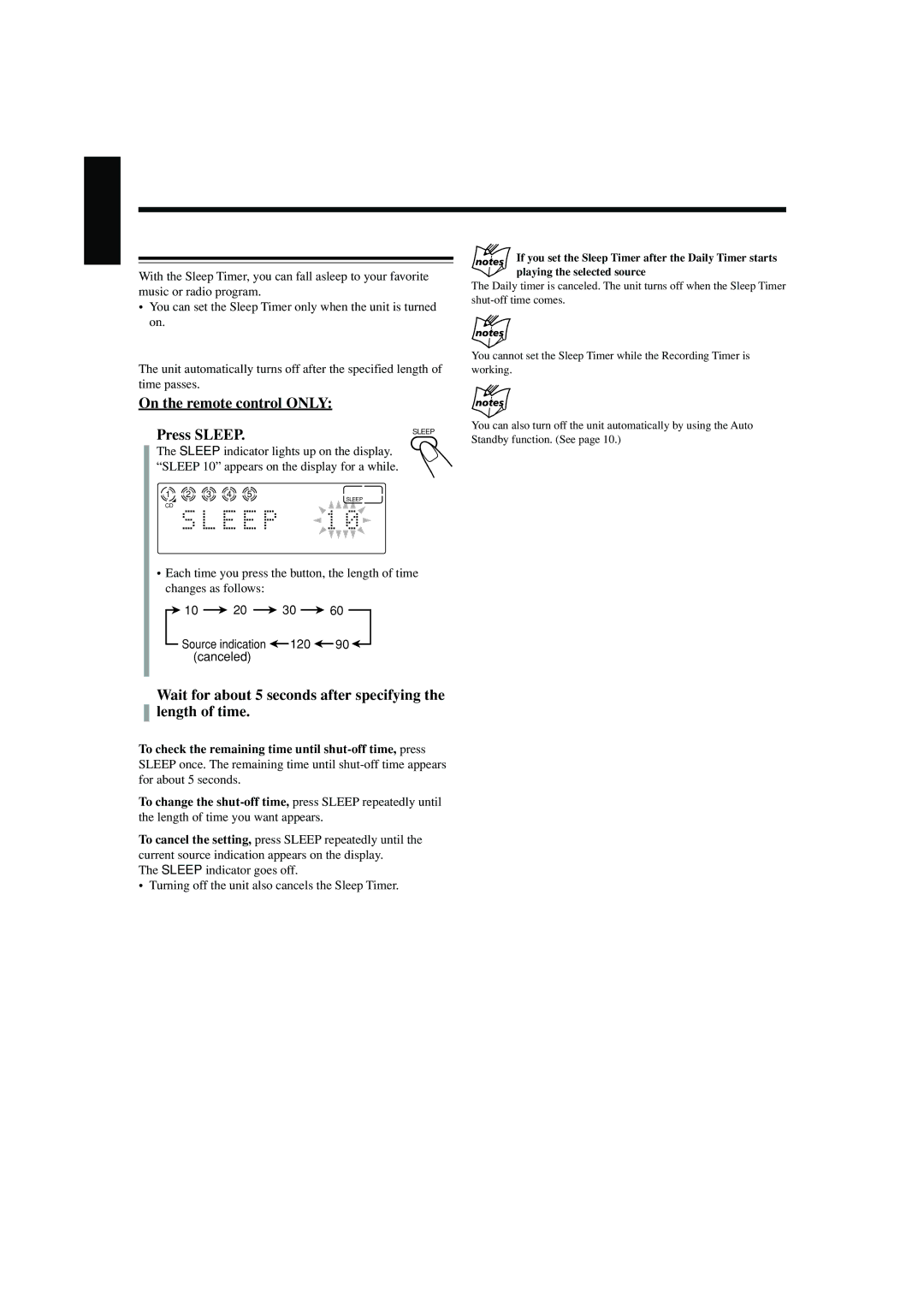 JVC CA-FSB70 manual Using the Sleep Timer 