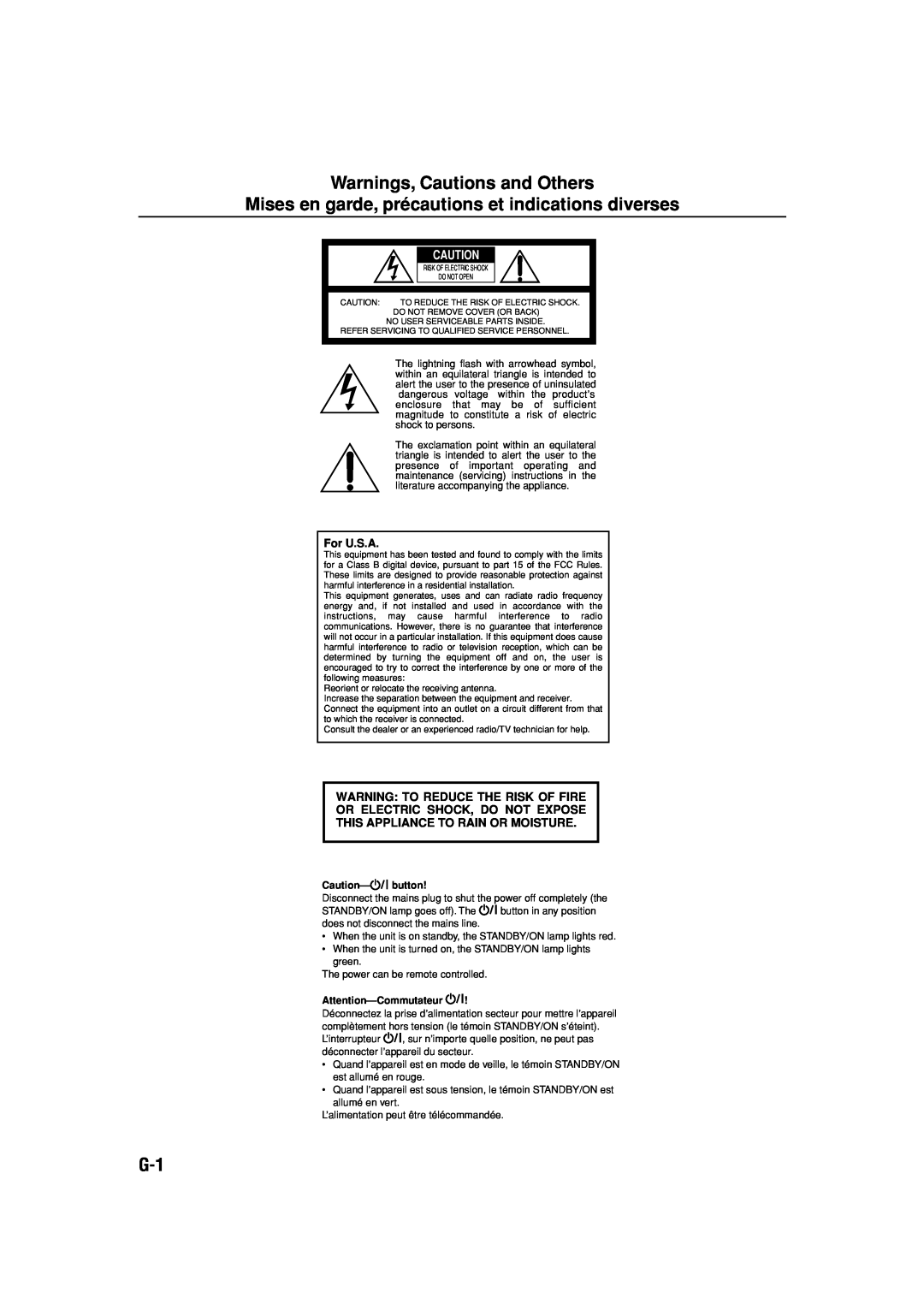 JVC CA-FSB70 manual Warnings, Cautions and Others, For U.S.A, Warning To Reduce The Risk Of Fire, Caution-button 