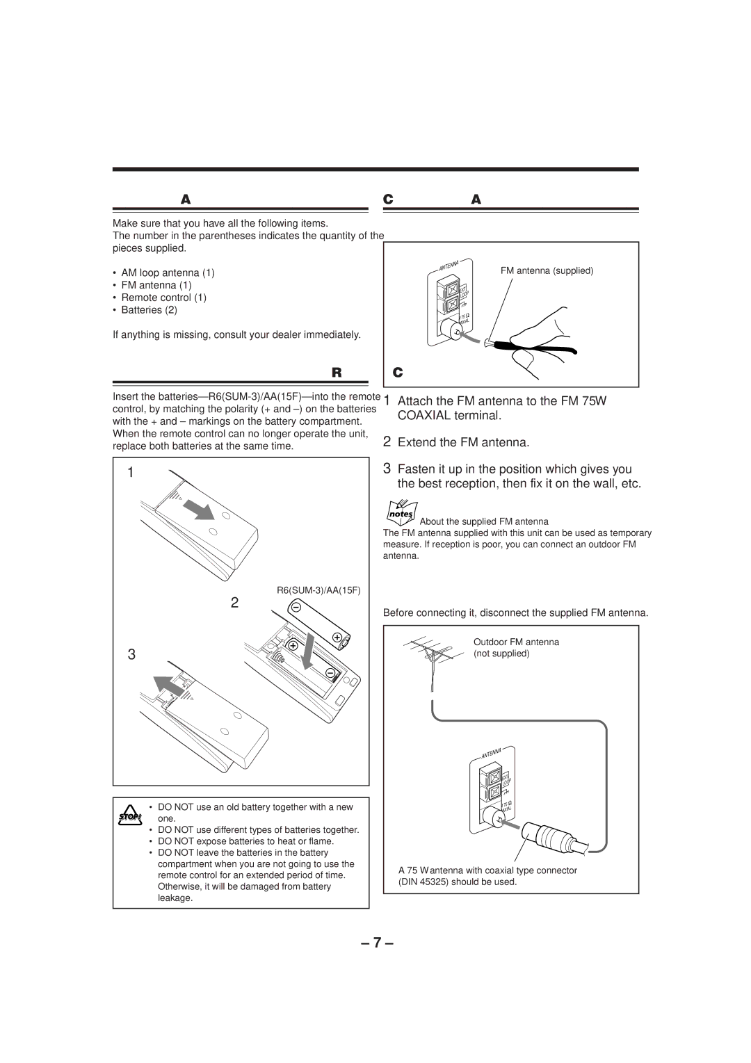 JVC CA-HXZ1R manual Getting Started, Supplied Accessories Connecting Antennas, To connect an outdoor FM antenna 