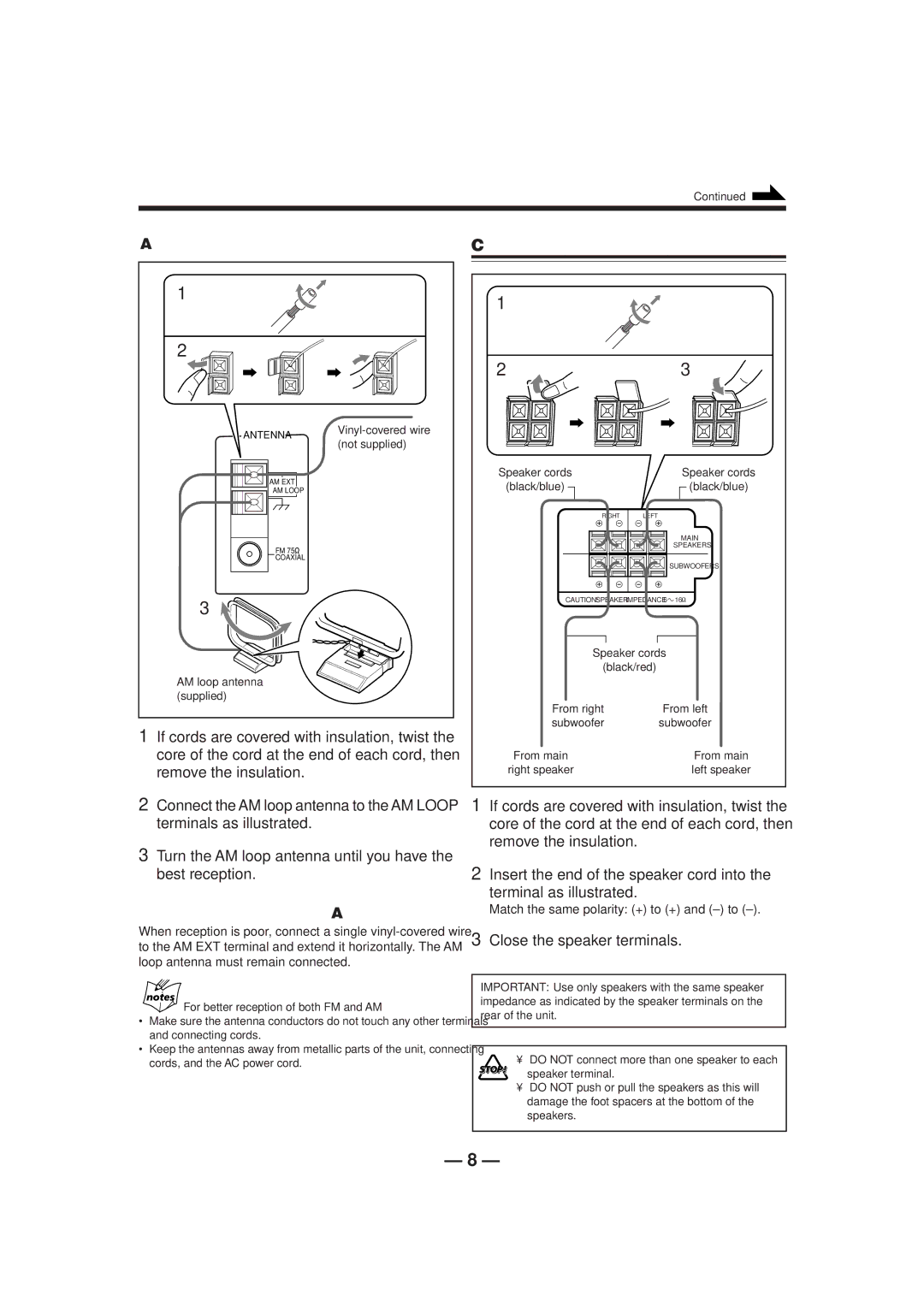 JVC CA-HXZ1R manual Connecting Speakers, To connect an outdoor AM antenna, Close the speaker terminals 