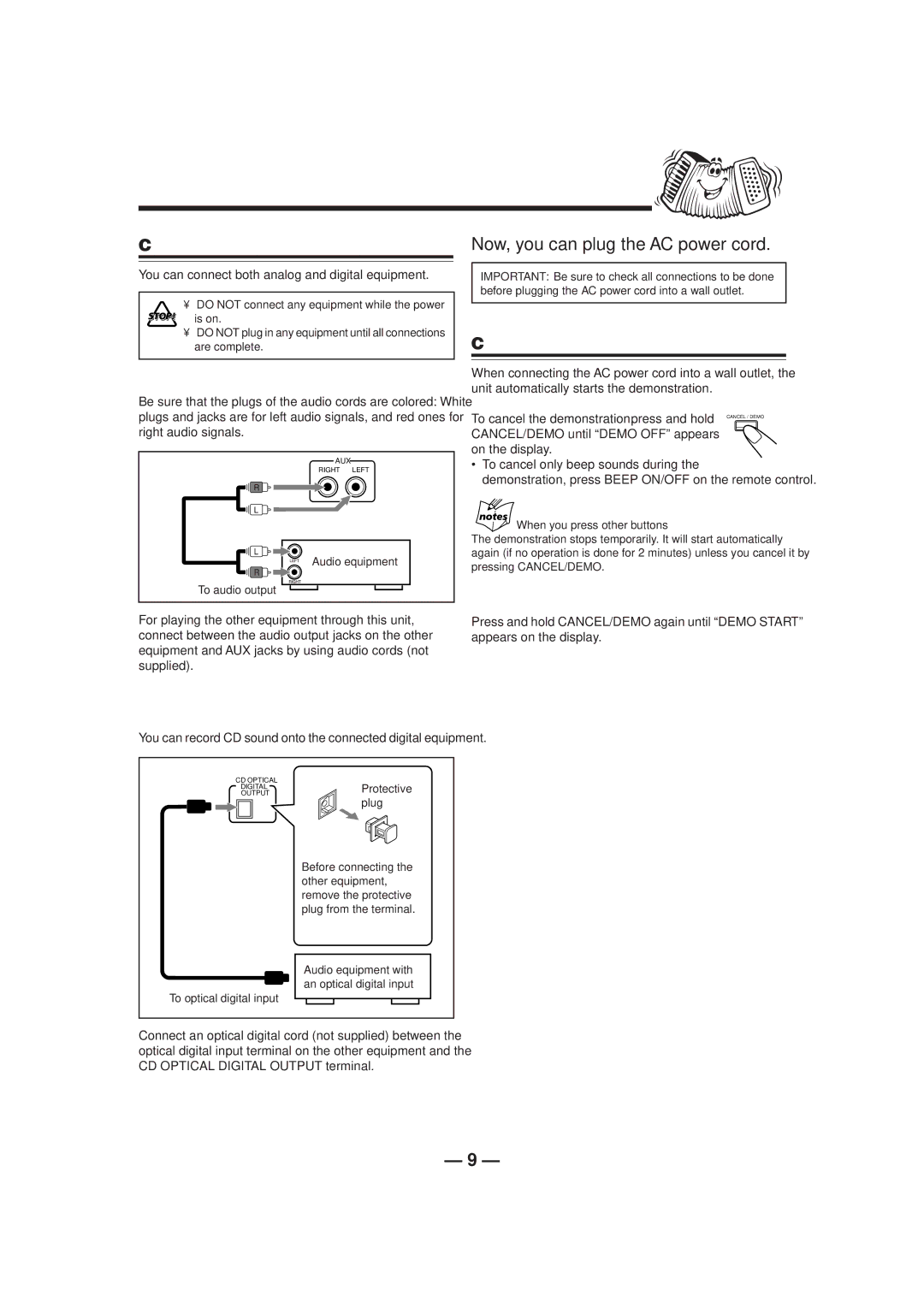 JVC CA-HXZ1R manual Connecting Other Equipment, Canceling the Demonstration, To connect an analog component 