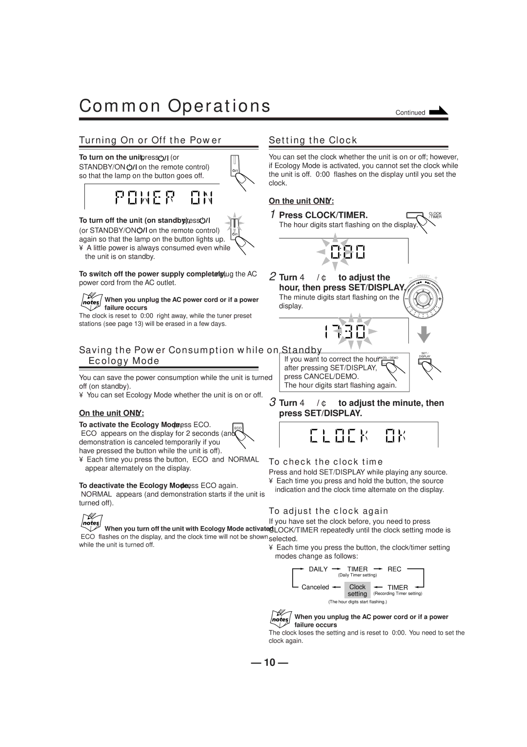 JVC CA-HXZ1R manual Common Operations, Turning On or Off the Power, Setting the Clock 