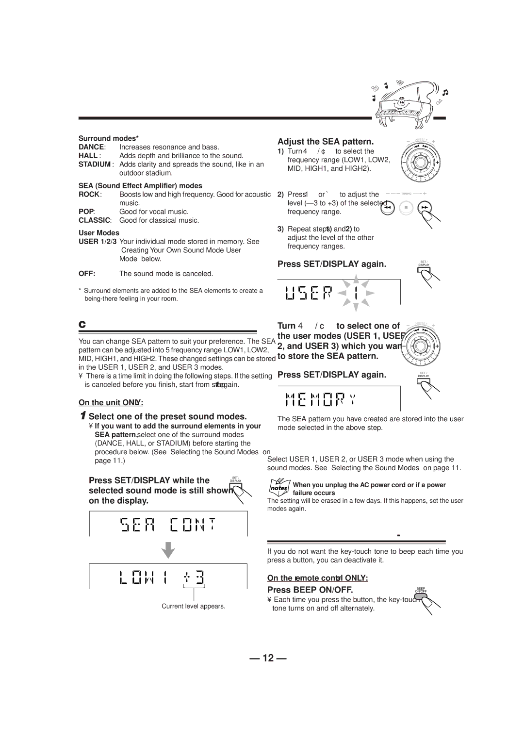 JVC CA-HXZ1R Turning On or Off the Key-touch Tone, Creating Your Own Sound Mode-User Mode, To use your own sound mode 