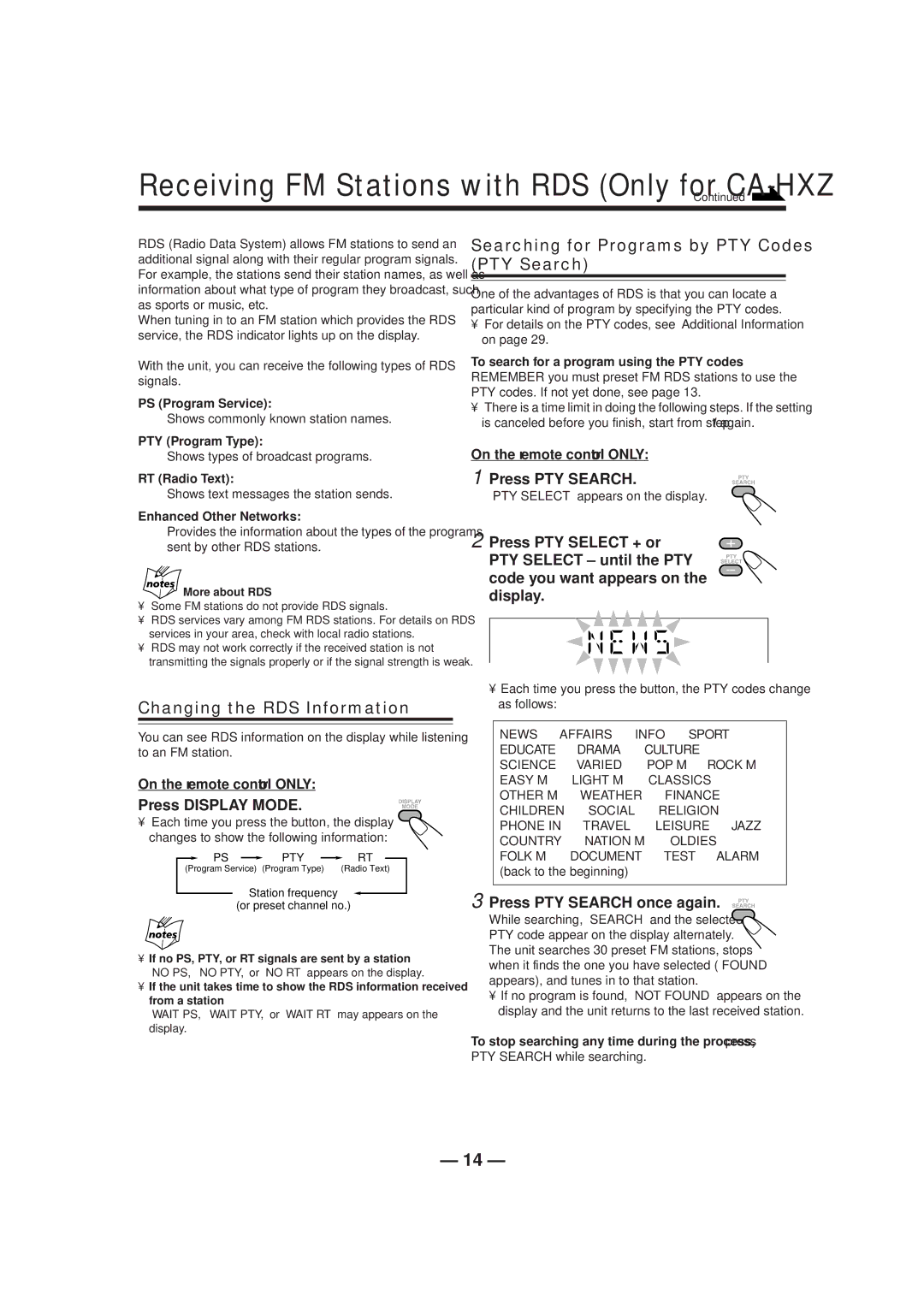 JVC CA-HXZ1R manual Searching for Programs by PTY Codes PTY Search, Changing the RDS Information, Press PTY Search 