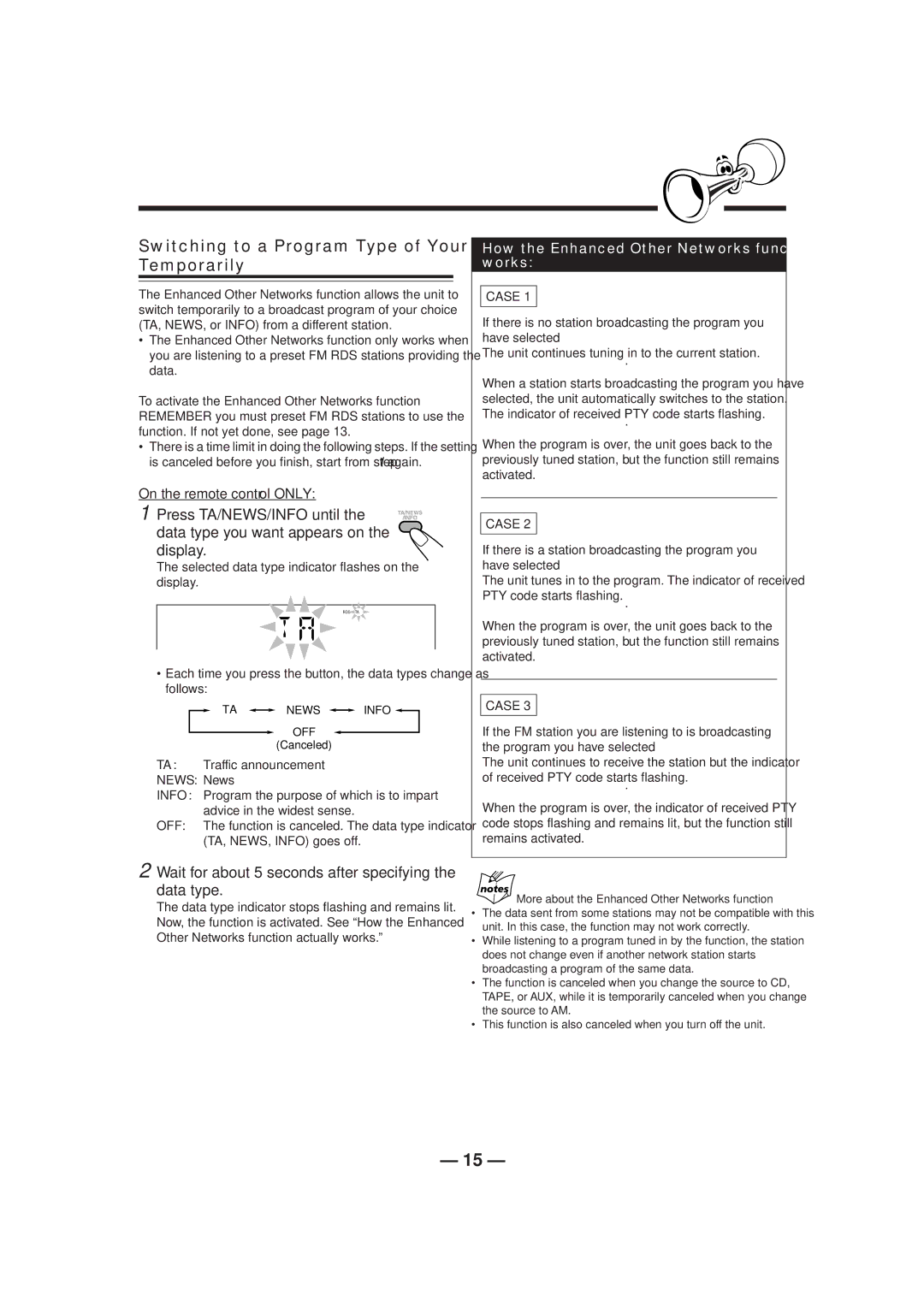 JVC CA-HXZ1 manual Switching to a Program Type of Your Choice Temporarily, To activate the Enhanced Other Networks function 