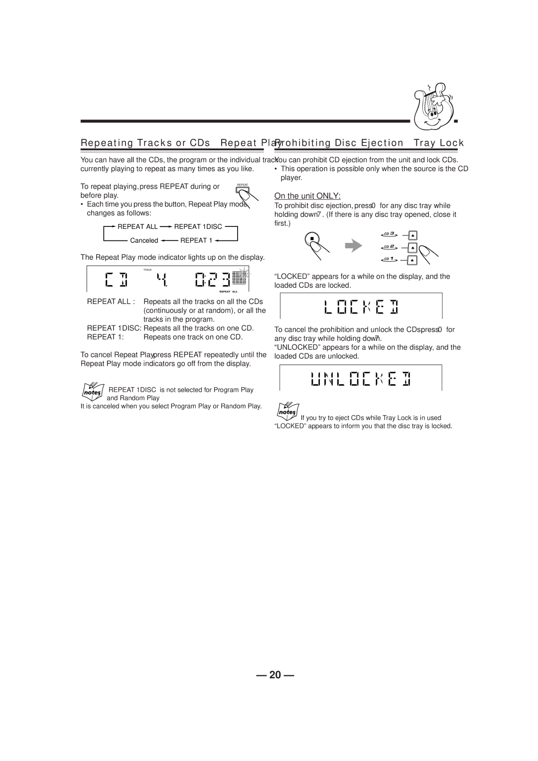 JVC CA-HXZ1R manual Repeating Tracks or CDs-Repeat Play, Prohibiting Disc Ejection-Tray Lock 