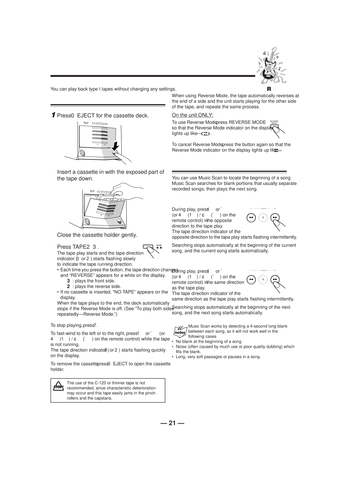 JVC CA-HXZ1R manual Playing Back Tapes, Playing Back a Tape, Locating the Beginning of a Song-Music Scan 