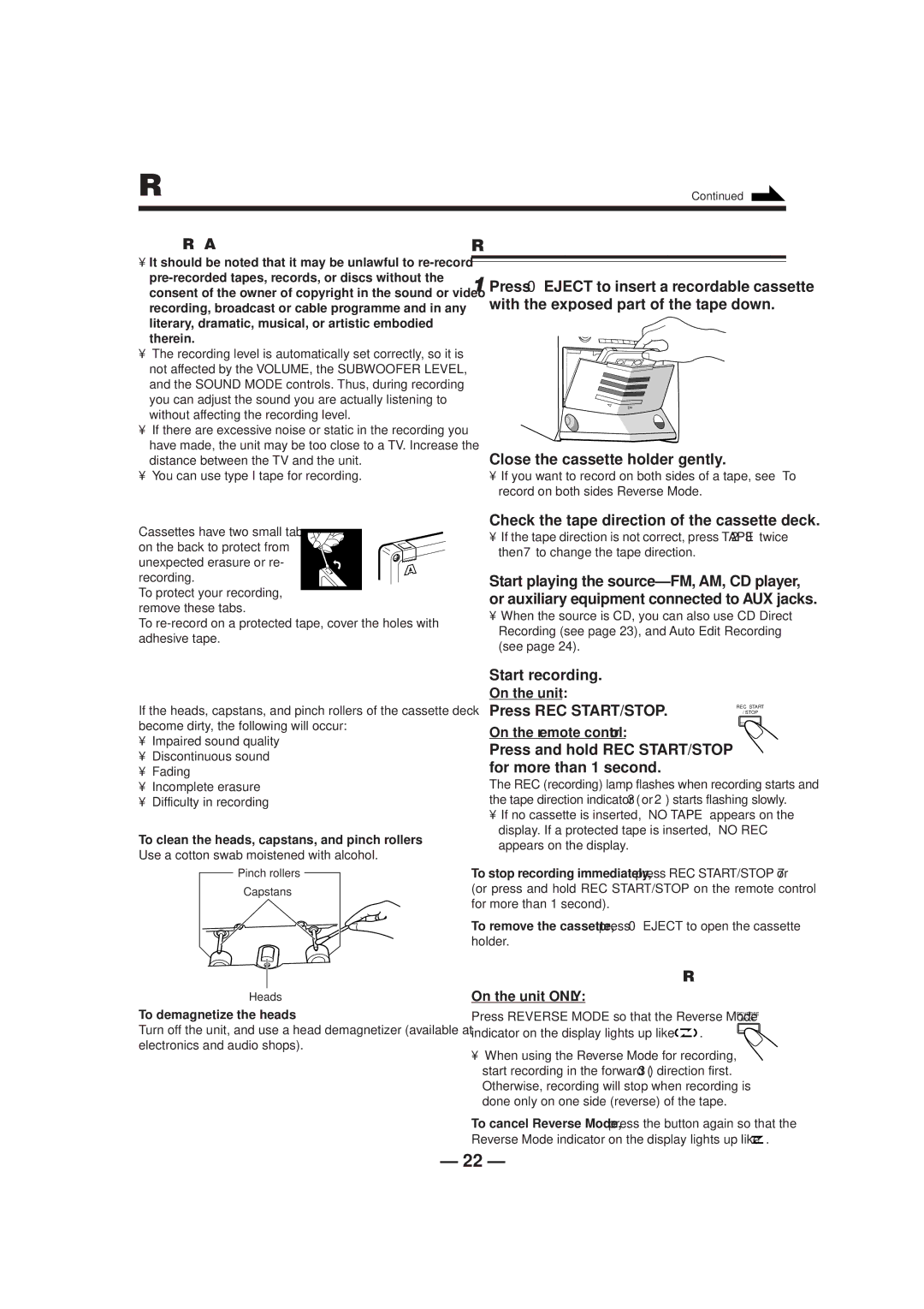 JVC CA-HXZ1R manual Recording on a Tape, To keep the best recording and playback sound quality 