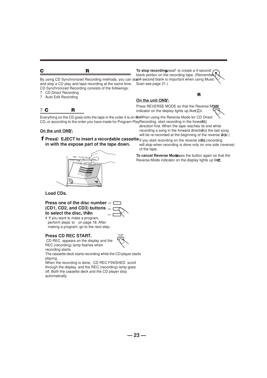 JVC CA-HXZ1R manual CD Synchronized Recording, CD Direct Recording, Press CD REC Start 