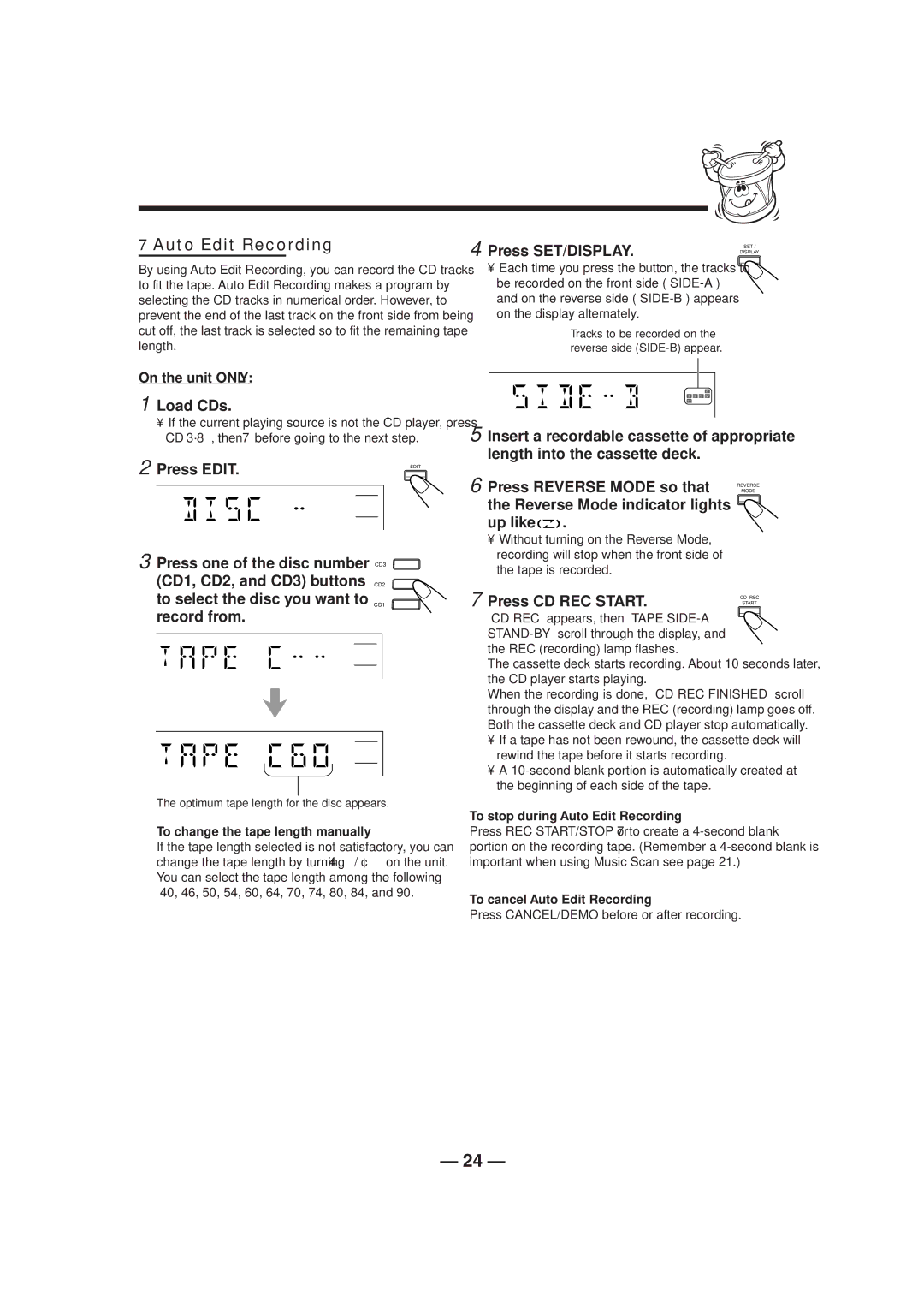 JVC CA-HXZ1R manual Press Edit, Record from, Reverse Mode indicator lights Up like 