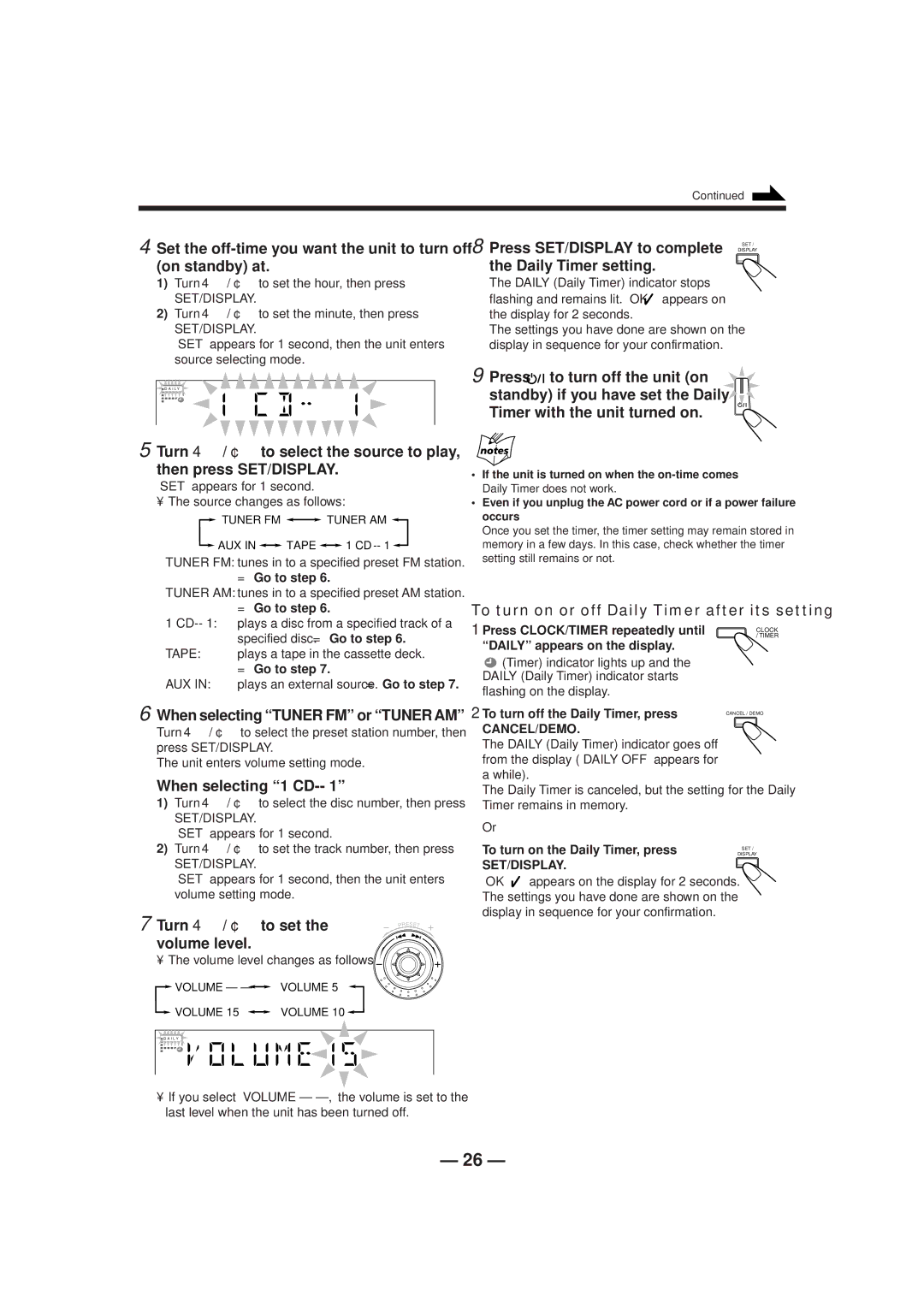 JVC CA-HXZ1R Press SET/DISPLAY to complete, Daily Timer setting, When selecting Tuner FM or Tuneram, When selecting 1 CD 