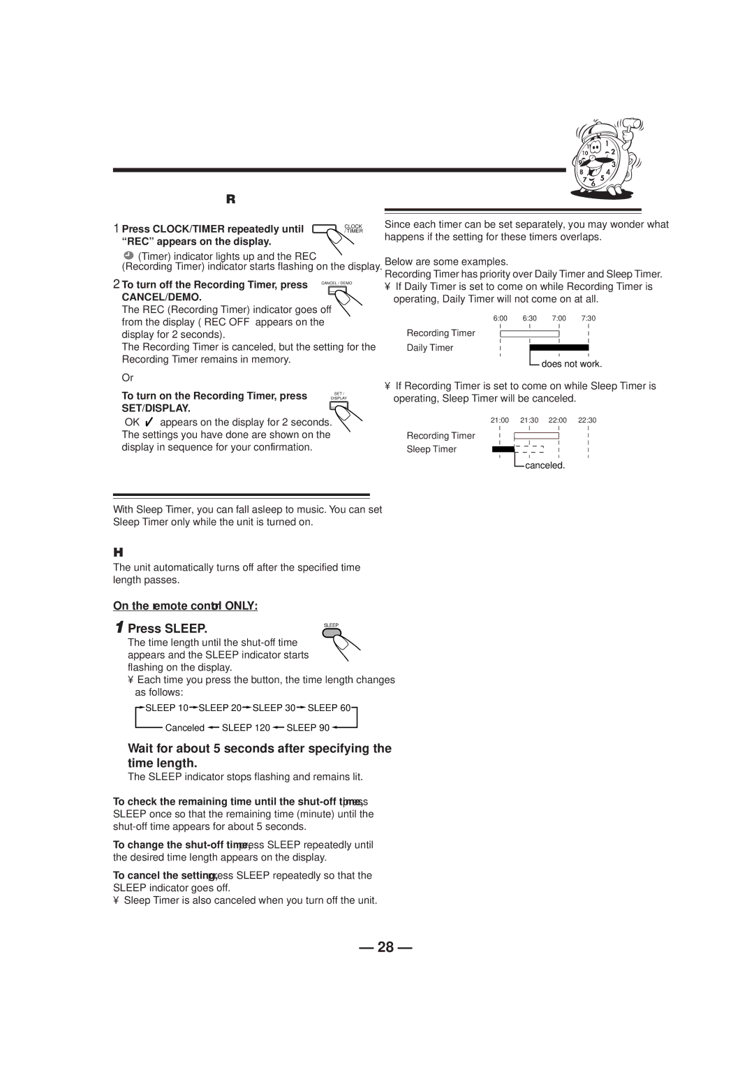 JVC CA-HXZ1R manual Using Sleep Timer, Timer Priority, To turn on or off Recording Timer after its setting is done 