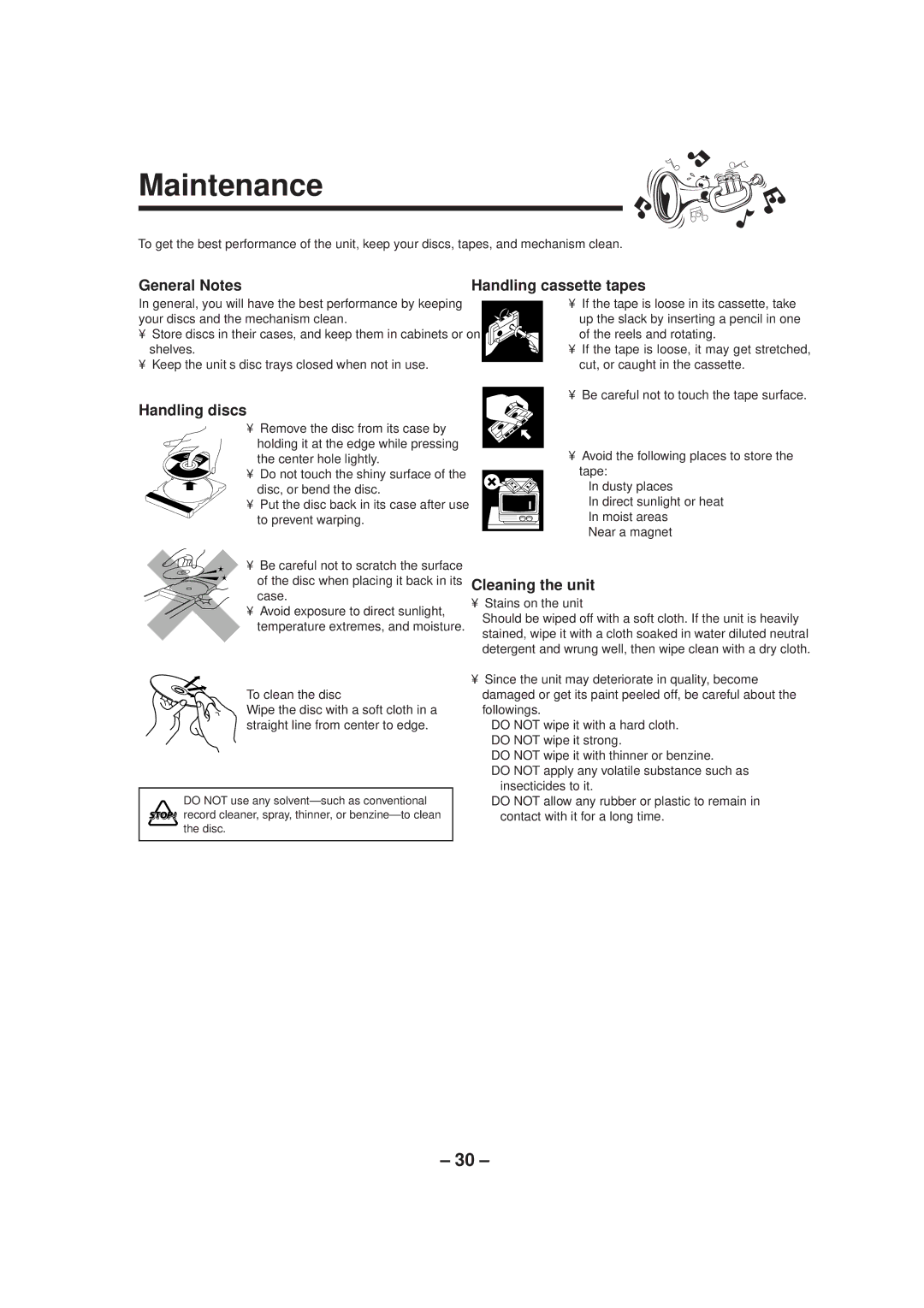 JVC CA-HXZ1R manual Maintenance, General Notes, Handling discs, Handling cassette tapes, Cleaning the unit 