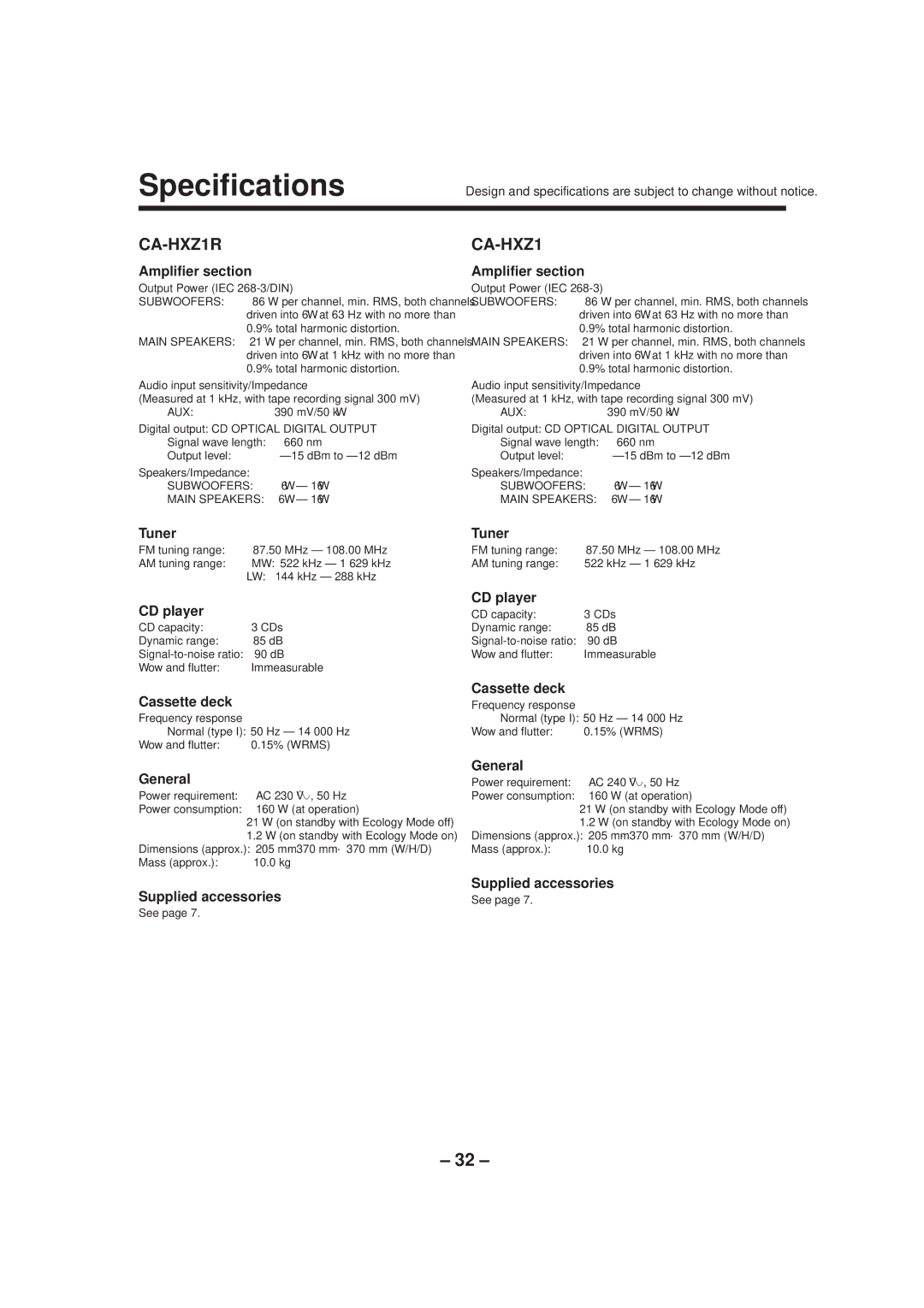 JVC CA-HXZ1R manual Specifications 