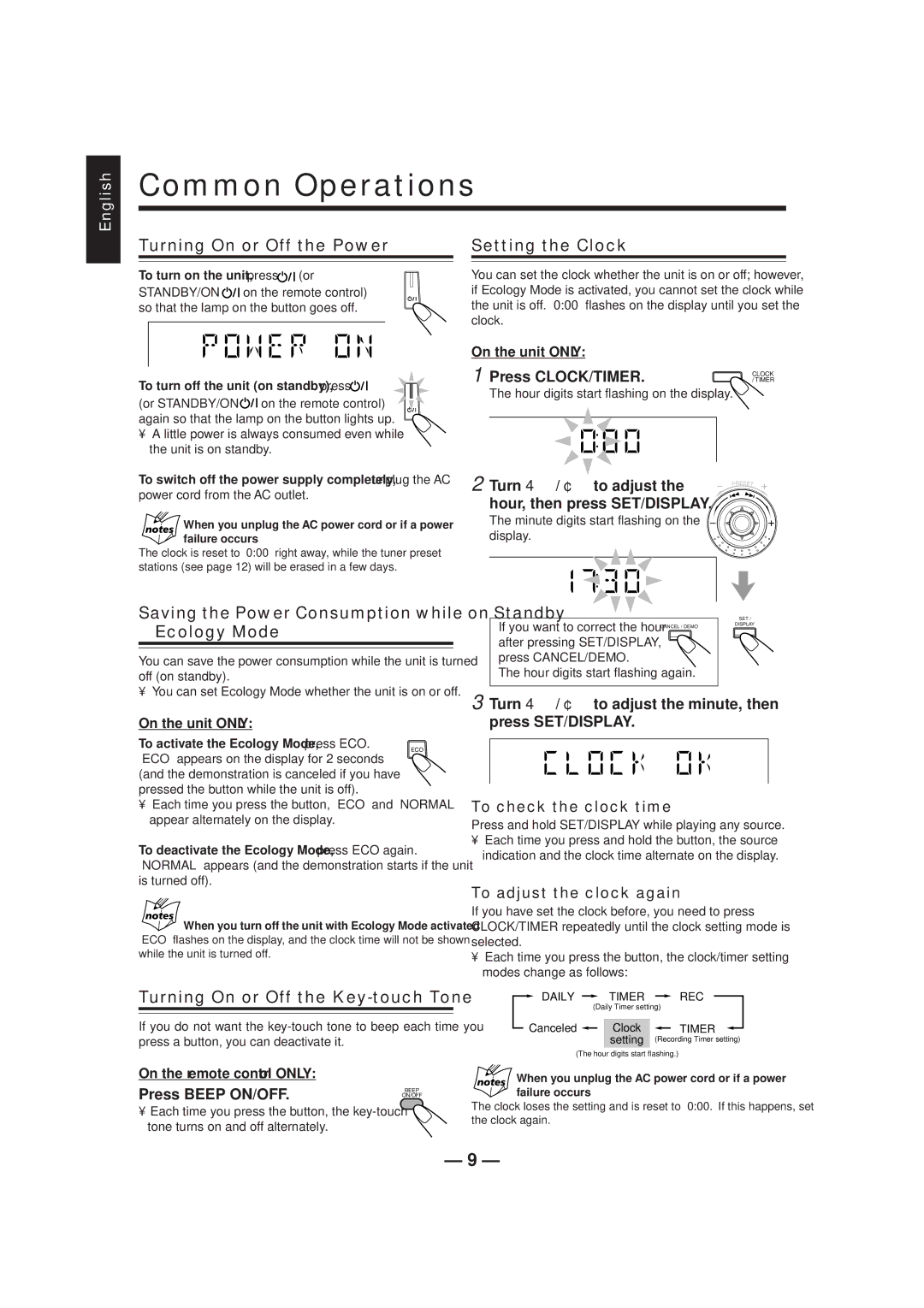 JVC CA-HXZ1R manual Turning On or Off the Power Setting the Clock, To turn on the unit, press 