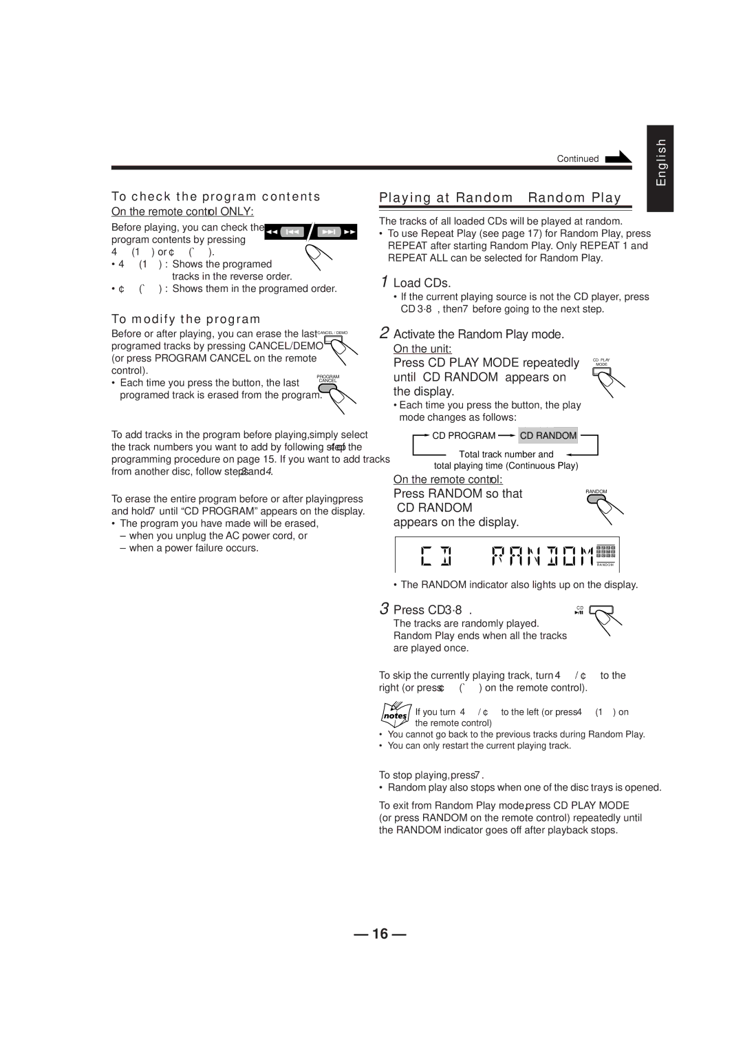 JVC CA-HXZ1R manual To check the program contents, Activate the Random Play mode 